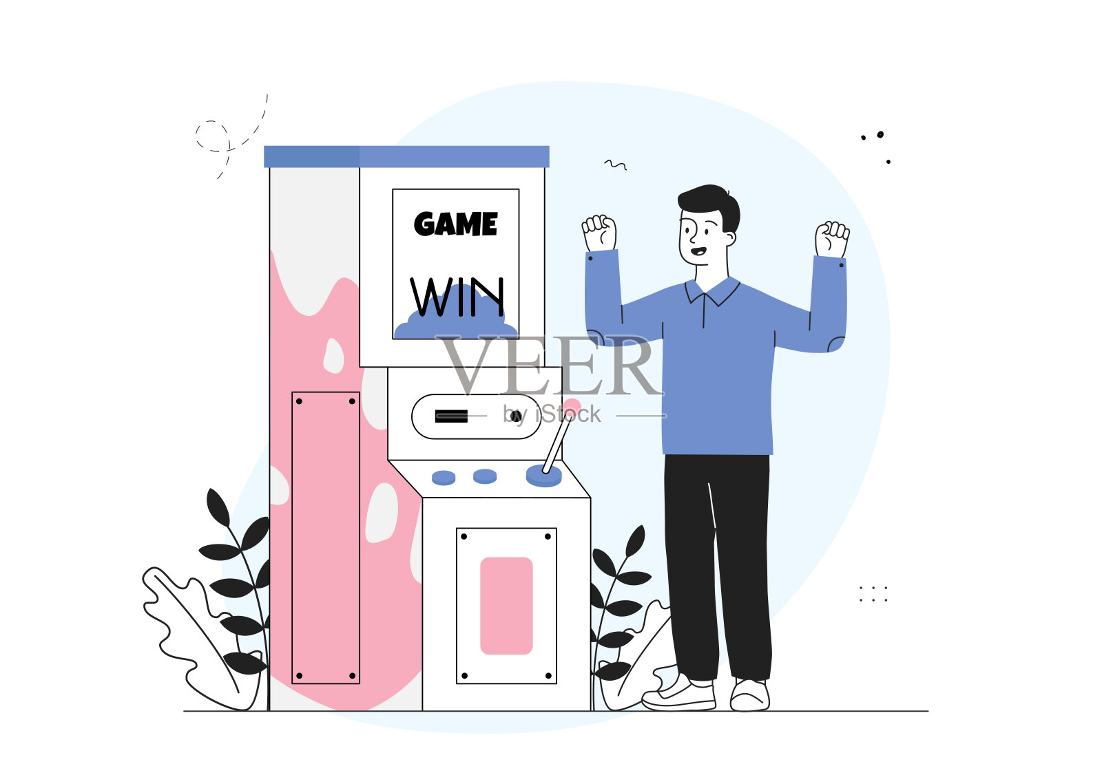 玩游戏机的人。年轻人赢了老虎机。赌博娱乐、休闲。玩街机和电子游戏的人。线性向量图解插画图片素材