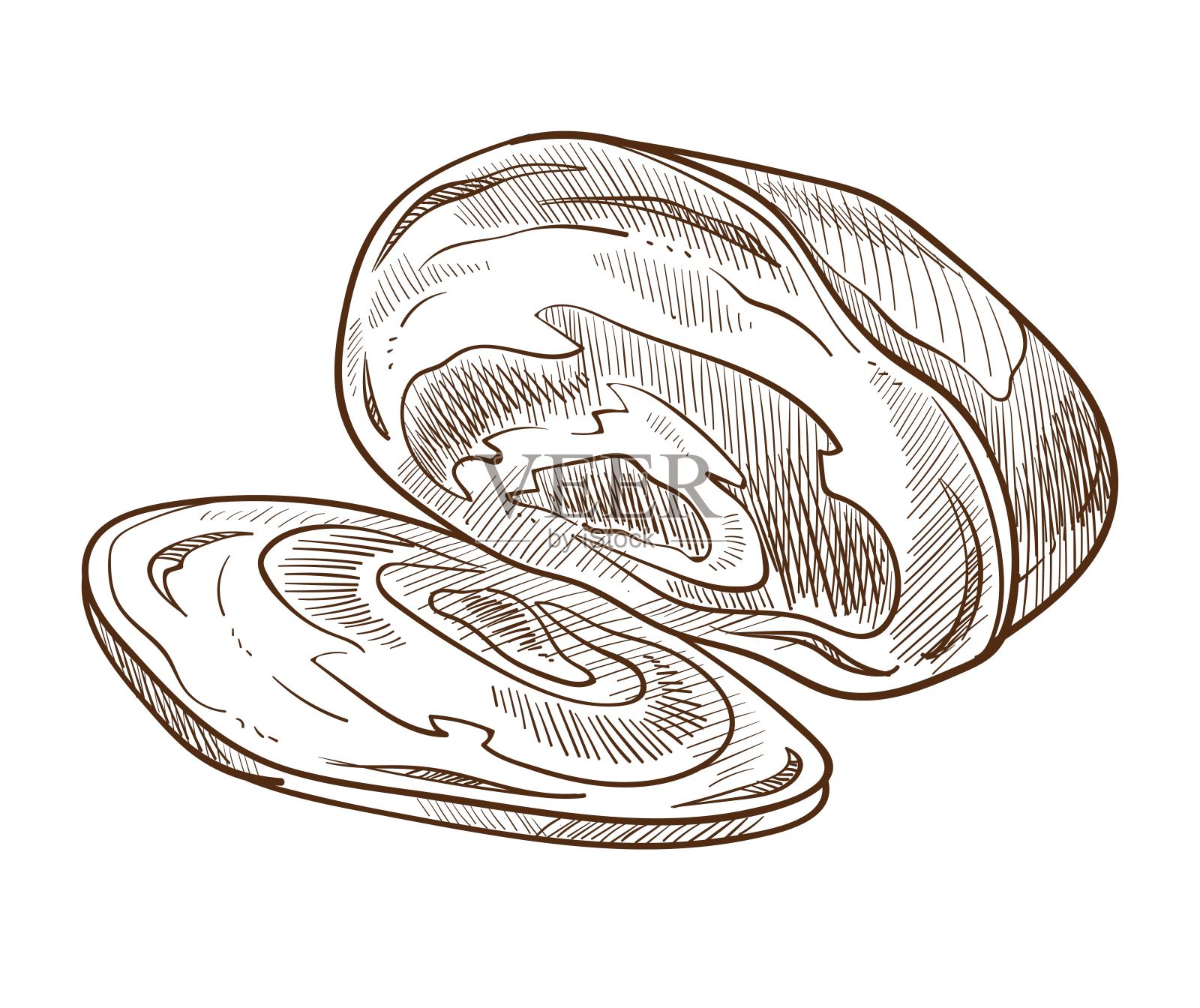 煮熟的猪肉片用香料孤立素描，肉类食品插画图片素材