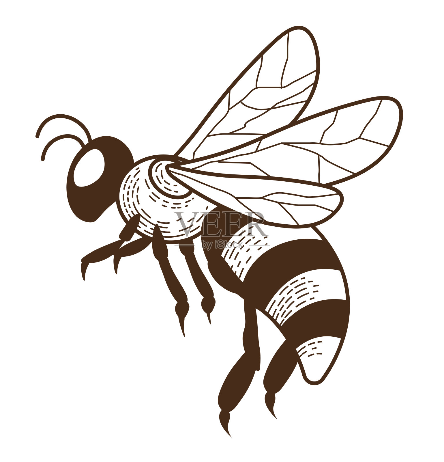 蜜蜂或黄蜂孤立素描图标，条纹昆虫插画图片素材