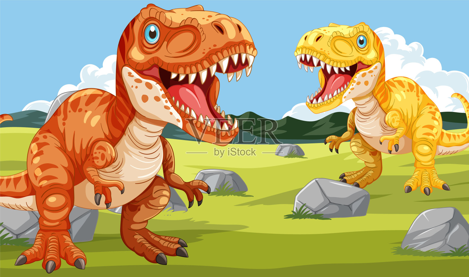 两只恐龙在一个充满活力的史前场景插画图片素材