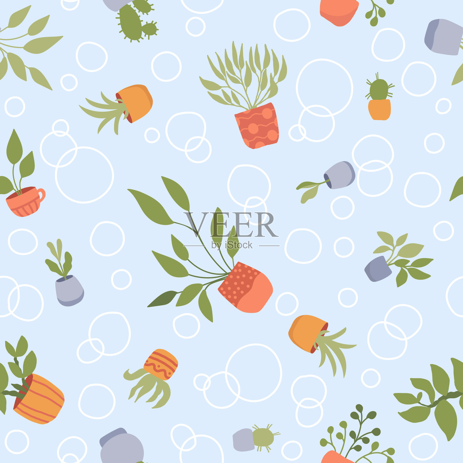 盆栽植物在一个精致的蓝色背景。无缝模式。设计用于包装纸，织物和纺织品。矢量插图舒适的家。插画图片素材