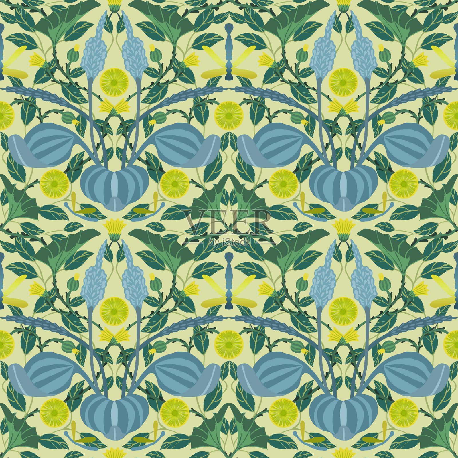 无缝图案与手绘黄色花，马蹄铁和车前草在米色背景。威廉·莫里斯风格的装饰与蜻蜓和花园植物。插画图片素材