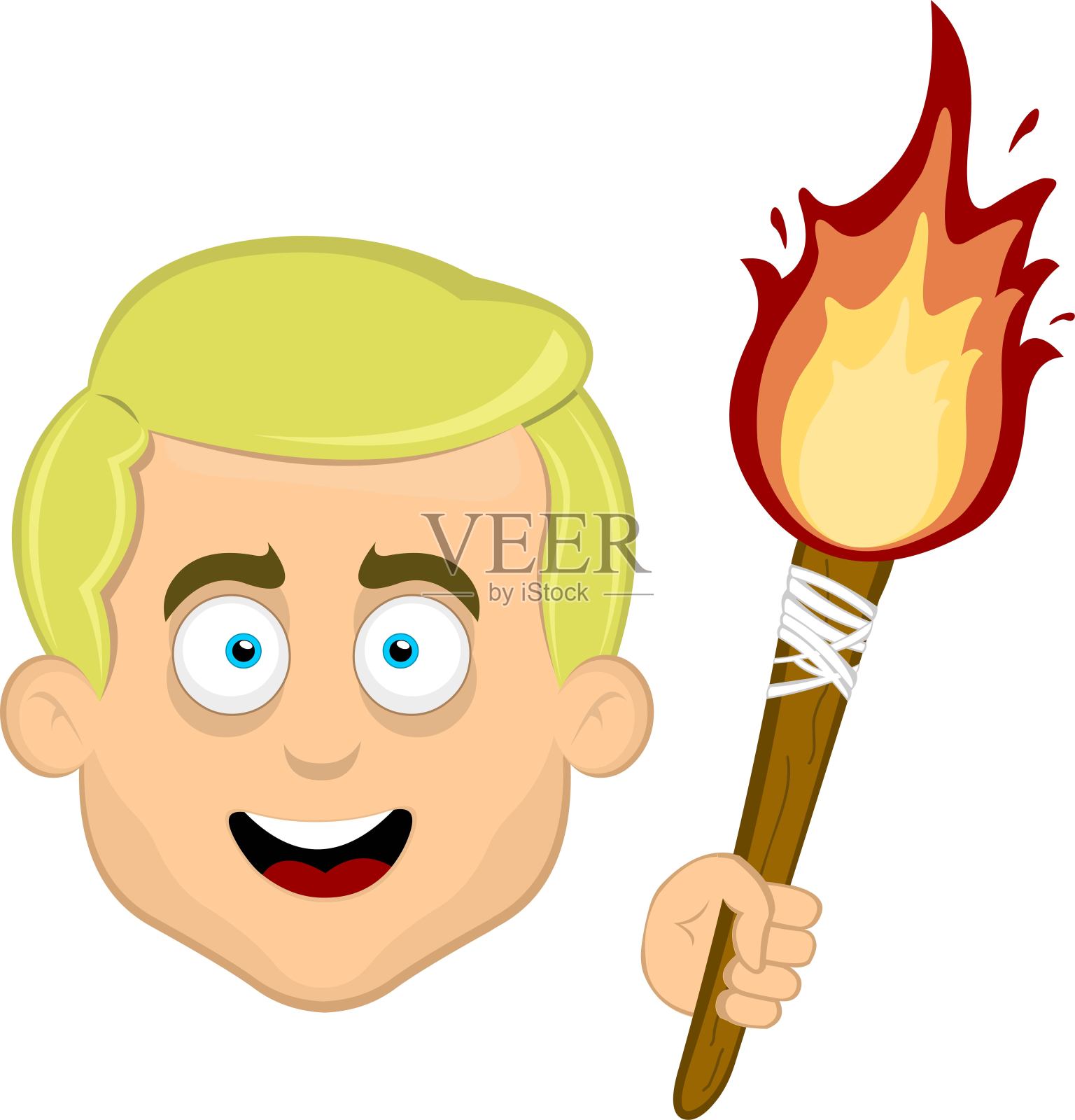 矢量插图头金发男子卡通持有火焰火炬插画图片素材