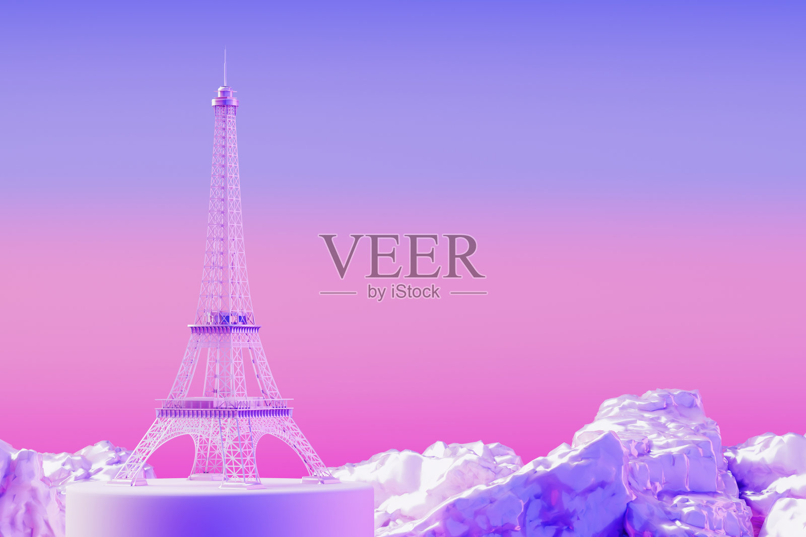 在霓虹灯的基座上的埃菲尔铁塔建筑。3d渲染照片摄影图片