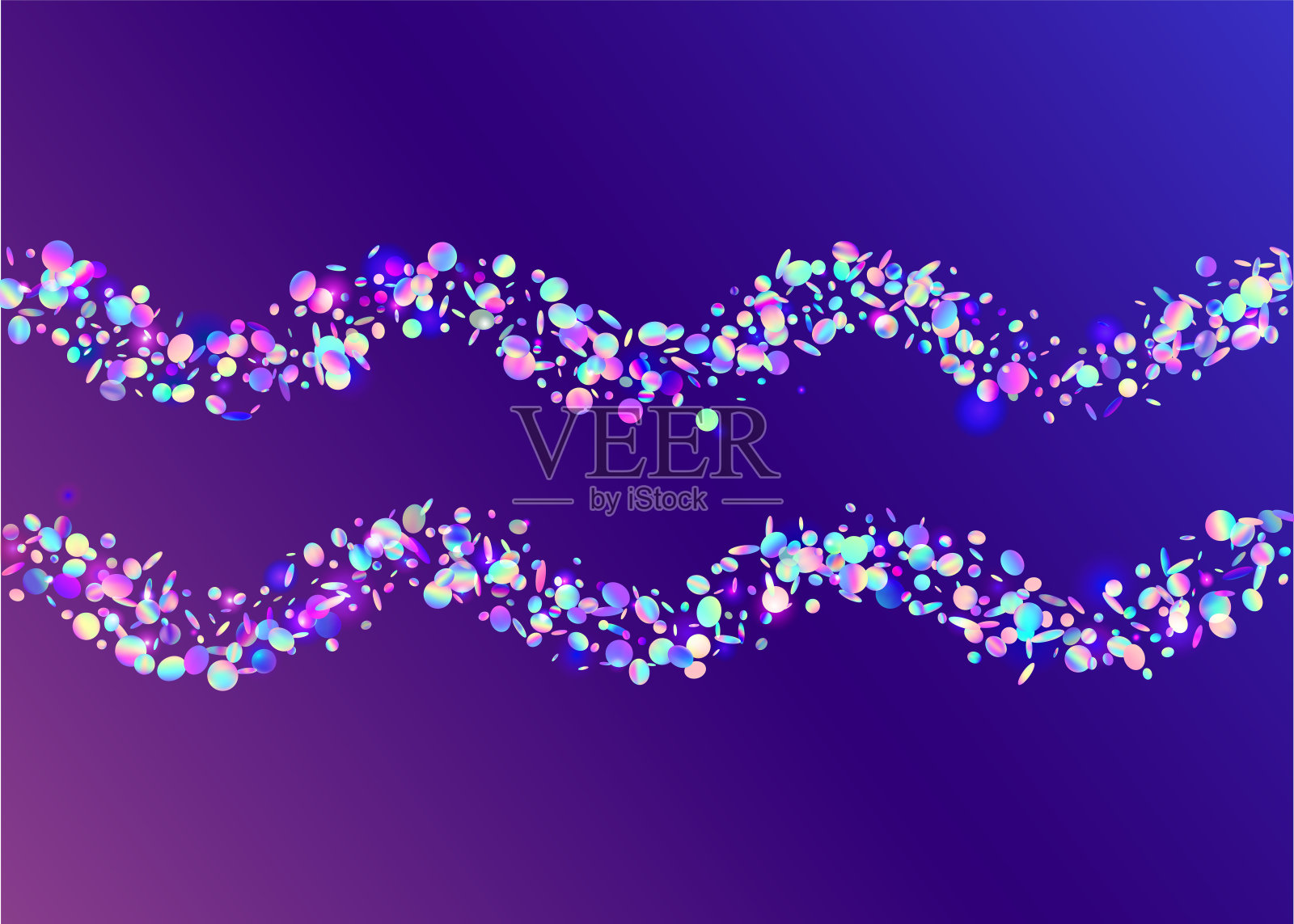 彩虹糖果。眩光抽象模板。彩虹色的背景。紫色迪斯科火花。全息纸。数字带。光模式。现代的尘埃。蓝色彩虹五彩纸屑插画图片素材