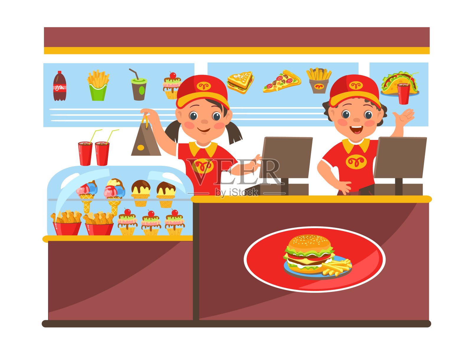 快餐店收银员。穿制服的男孩和女孩在咖啡馆为顾客服务。小酒馆的员工。卖汉堡和冰淇淋的小收银员。外卖午餐。精彩的矢量概念插画图片素材