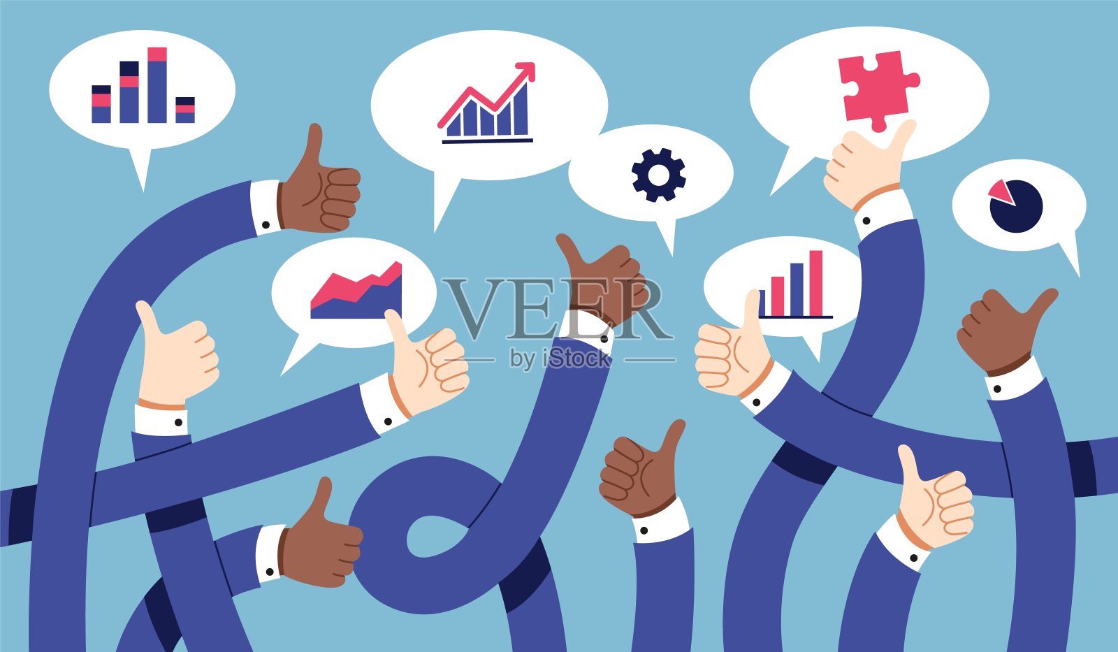 长生意人的手。灵活的人的手臂在办公套装，手势的成功，大拇指向上，增长图表在语音气泡，喜欢的符号，整齐的矢量卡通平面孤立的概念插画图片素材