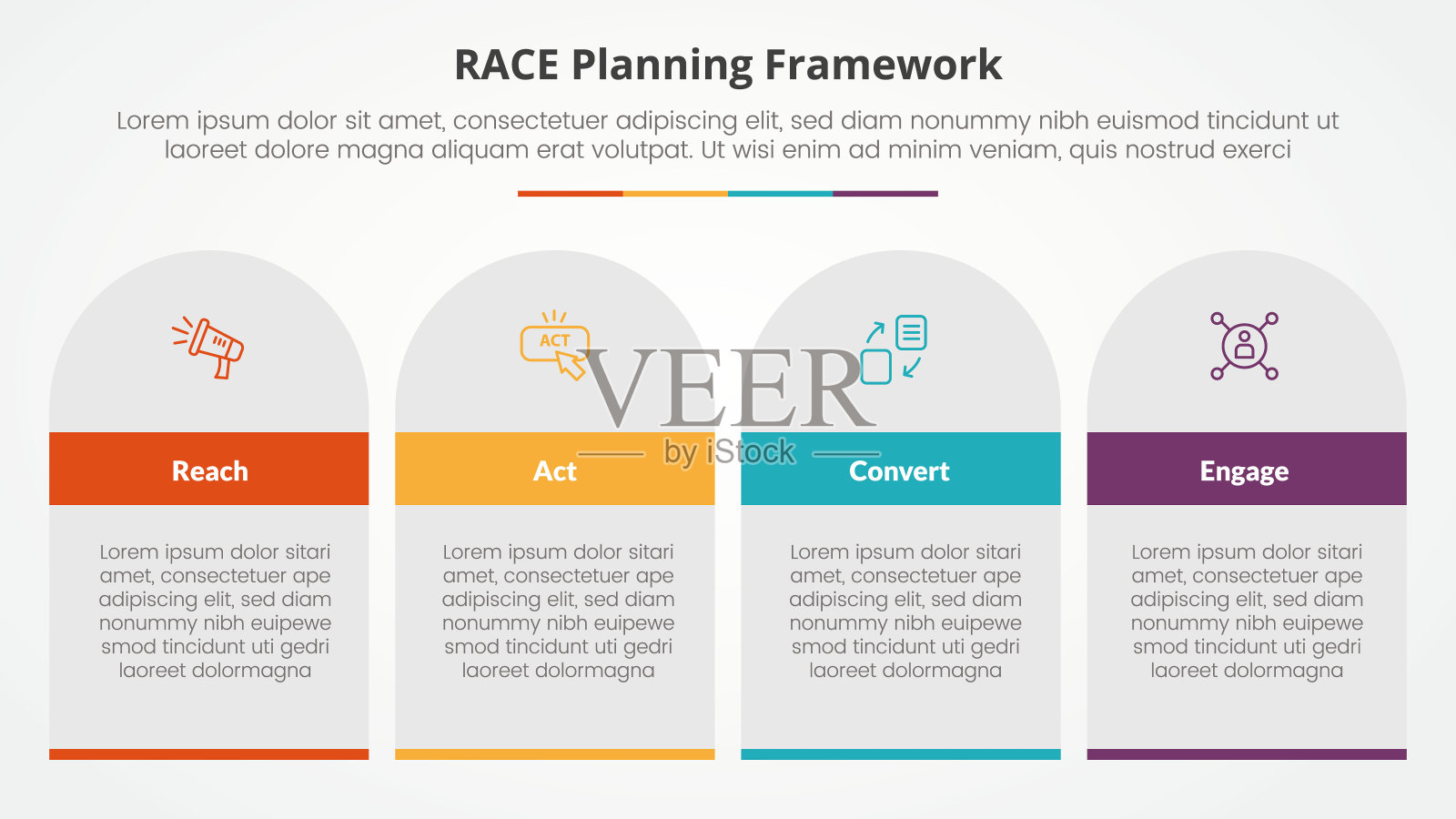 RACE框架信息图表概念幻灯片演示与表矩形和圆形顶部与4点列表与平面风格插画图片素材
