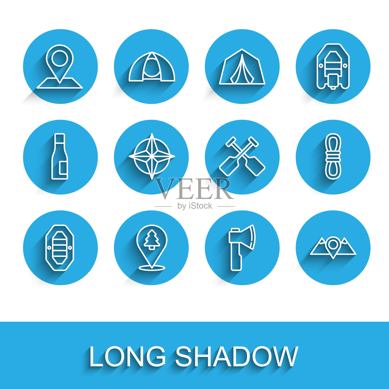 设置线漂流船，森林的位置，木斧，山，风玫瑰，登山者绳和桨图标。向量插画图片素材