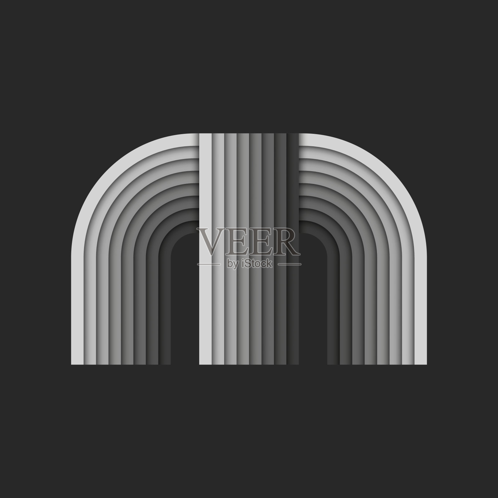 3d字母M首字母组合标志，层层灰度梯度平行条纹图案，宽丝带曲线造型，条纹剪纸风格多层标志。插画图片素材