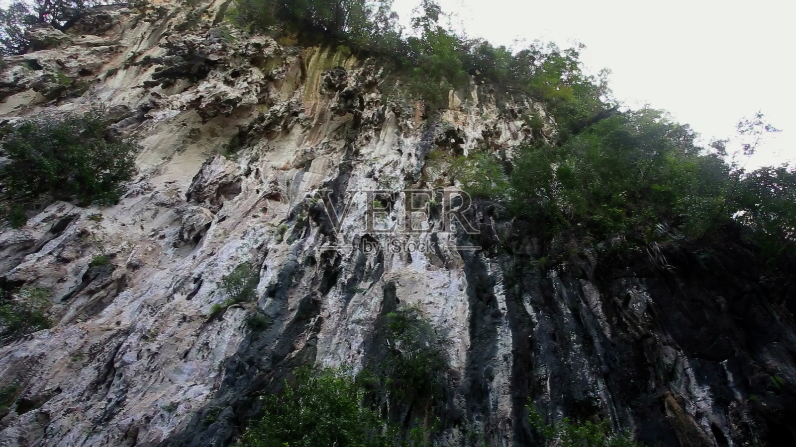 巍峨的山壁，夏日里绿油油的灌木丛照片摄影图片