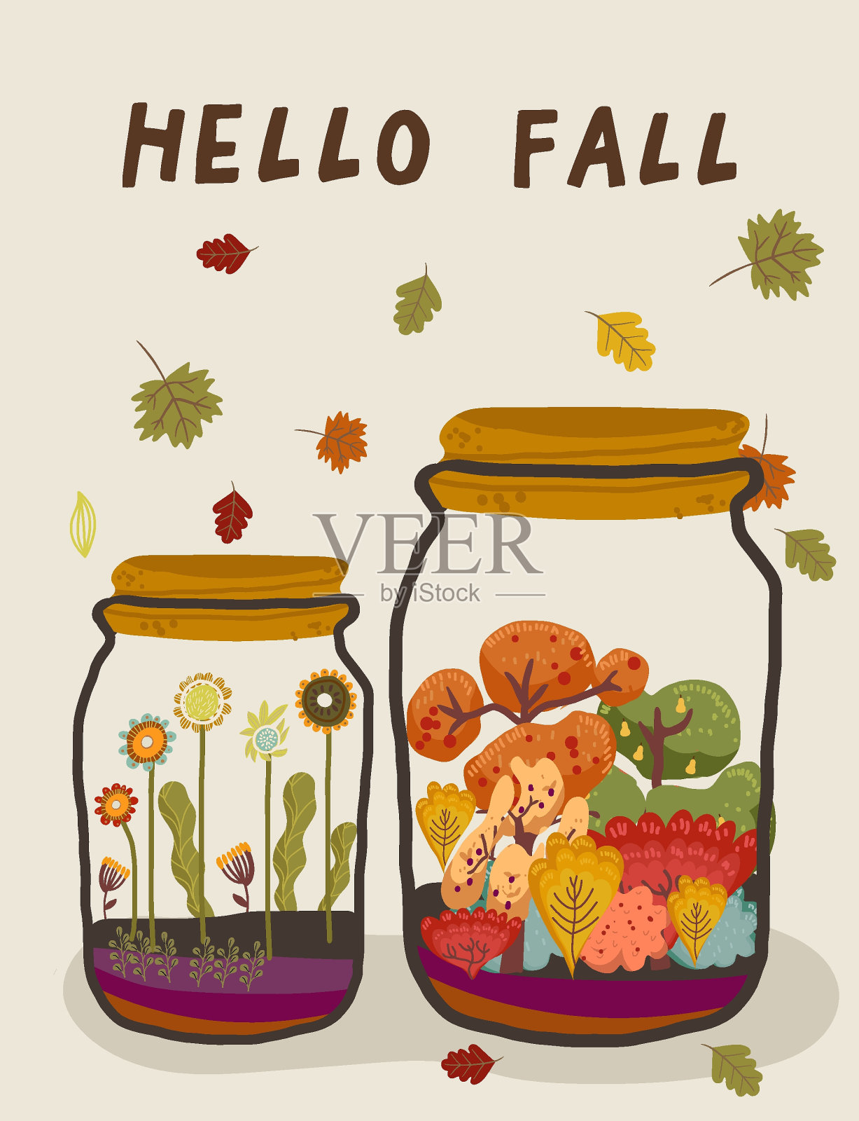 秋天的插图与巨大的罐子与秋天的花，森林，木材。垂直的卡片。手绘图形和纹理。秋天的气氛，感恩节，矢量模板设计。插画图片素材