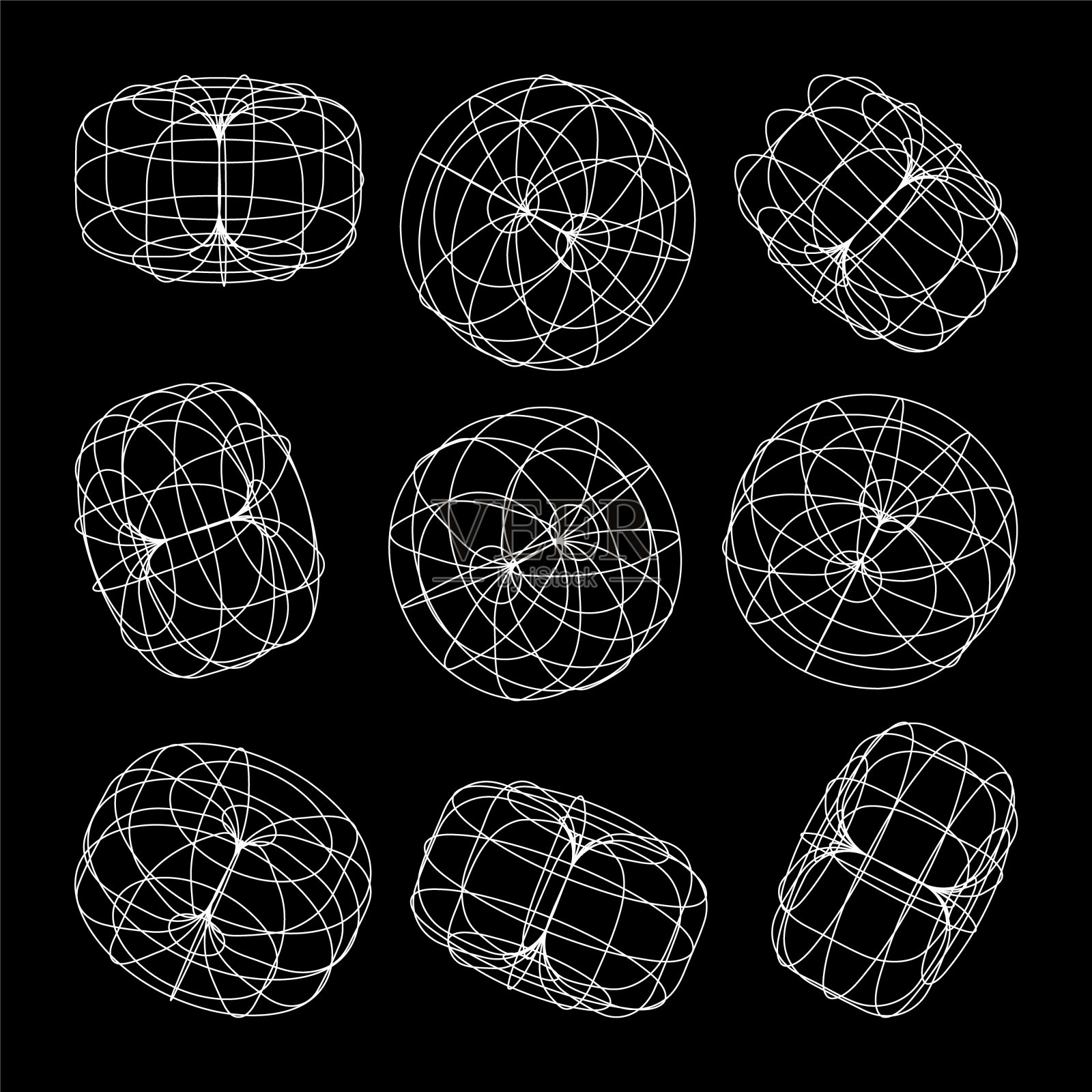 线框线条形状。透视网格，3d网格。低多边形几何元素。复古的未来主义设计元素，y2k，汽波和合成波风格。矢量图插画图片素材