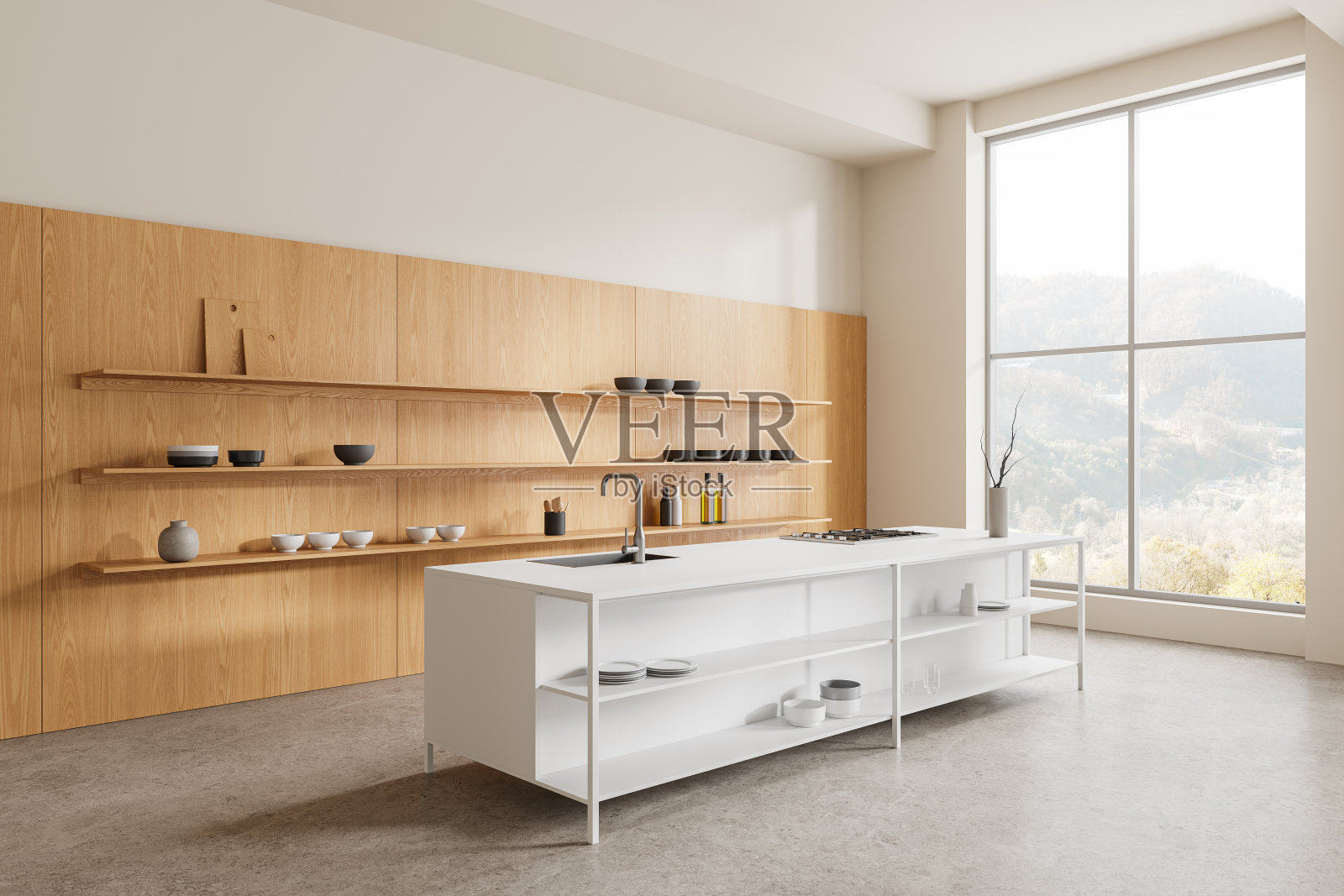 现代木制家庭厨房内部设有吧台，全景窗照片摄影图片