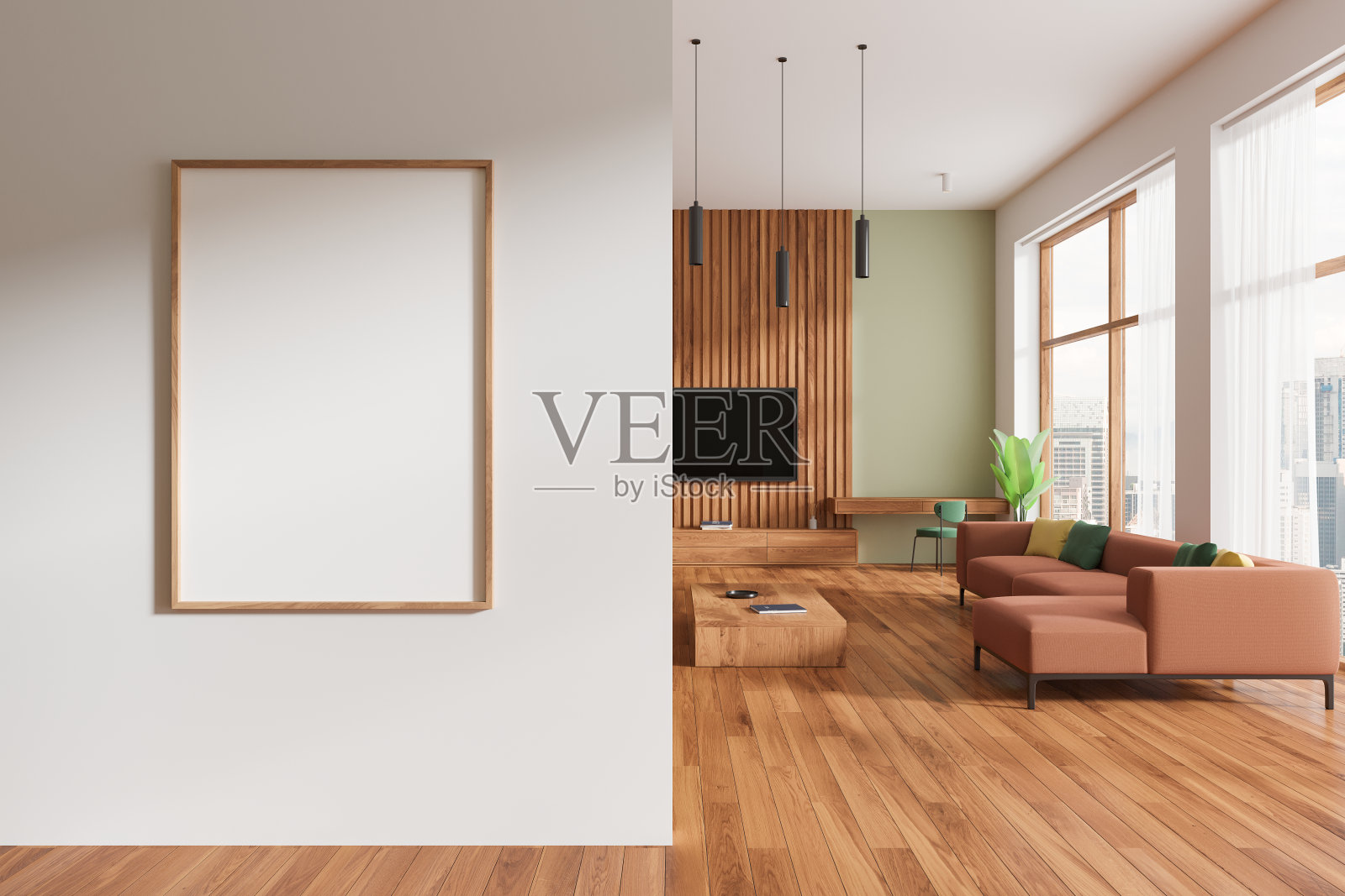 家庭客厅内部沙发和电视屏幕和美容桌，模型框架照片摄影图片