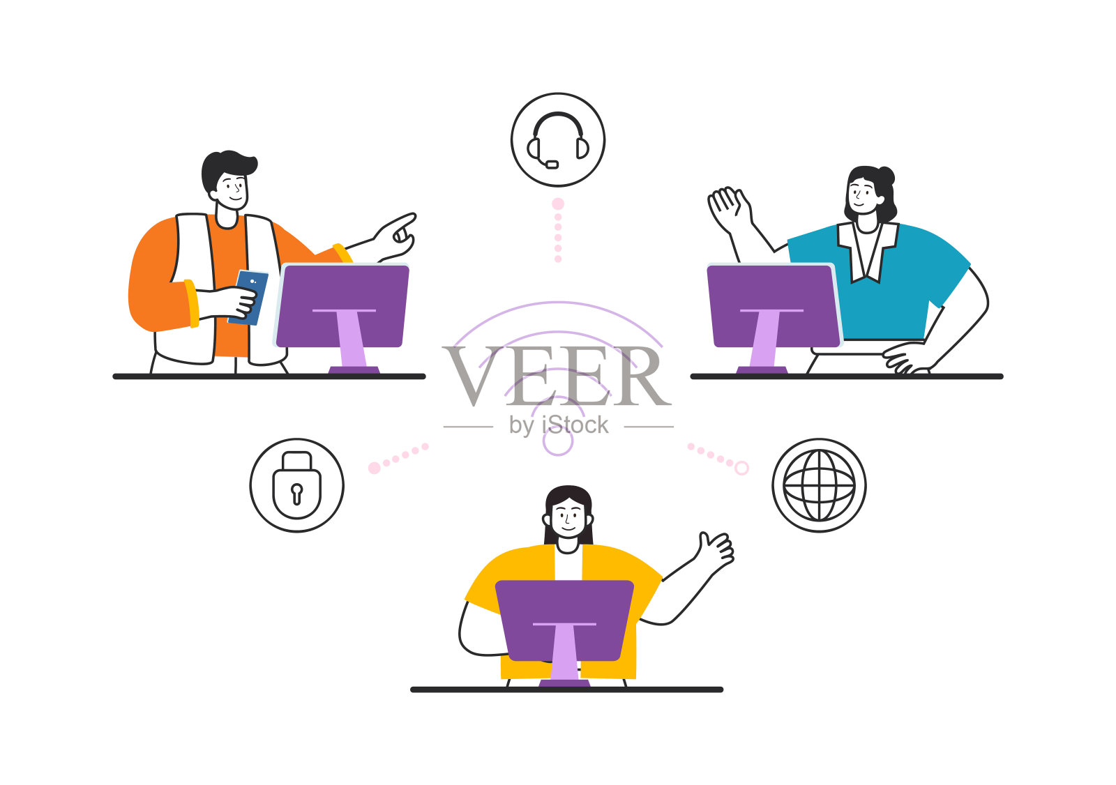 Intranet Internet网络连接技术矢量插图，在平面卡通背景下共享公司机密信息和网站插画图片素材