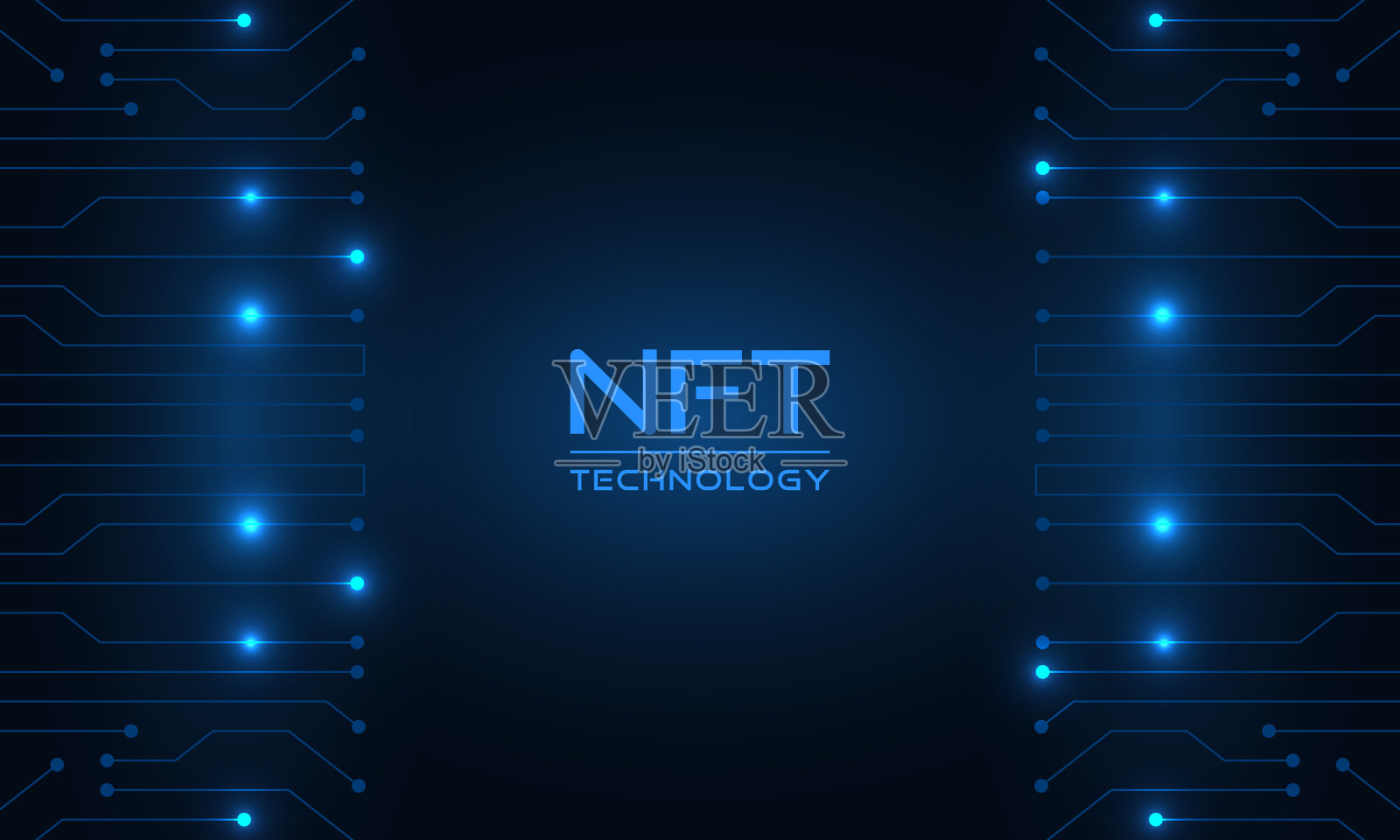 发光的蓝色NFT技术旗帜。抽象数字技术背景下的电路板元件。蓝色现代高科技矢量插图插画图片素材