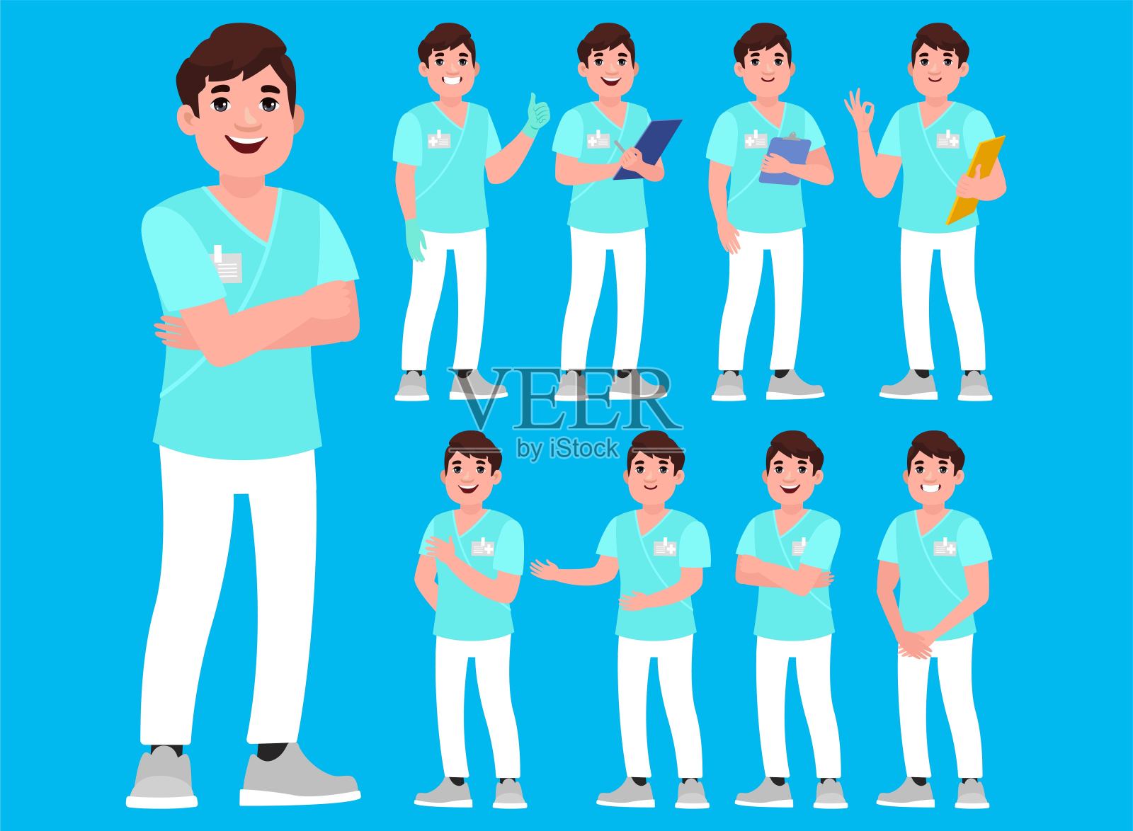 一组穿着护士制服的快乐的人，用不同的表演插画图片素材