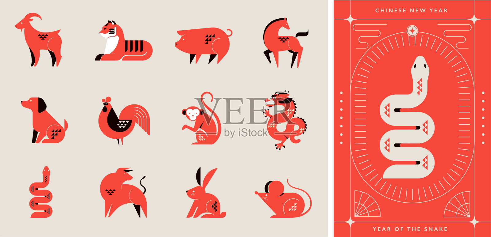 中国星座生肖收藏，几何极简风格。动物是中国新年的象征。一套吉祥物:兔、龙、蛇、虎、牛、鼠、猪、狗、鸡、猴、羊、马插画图片素材