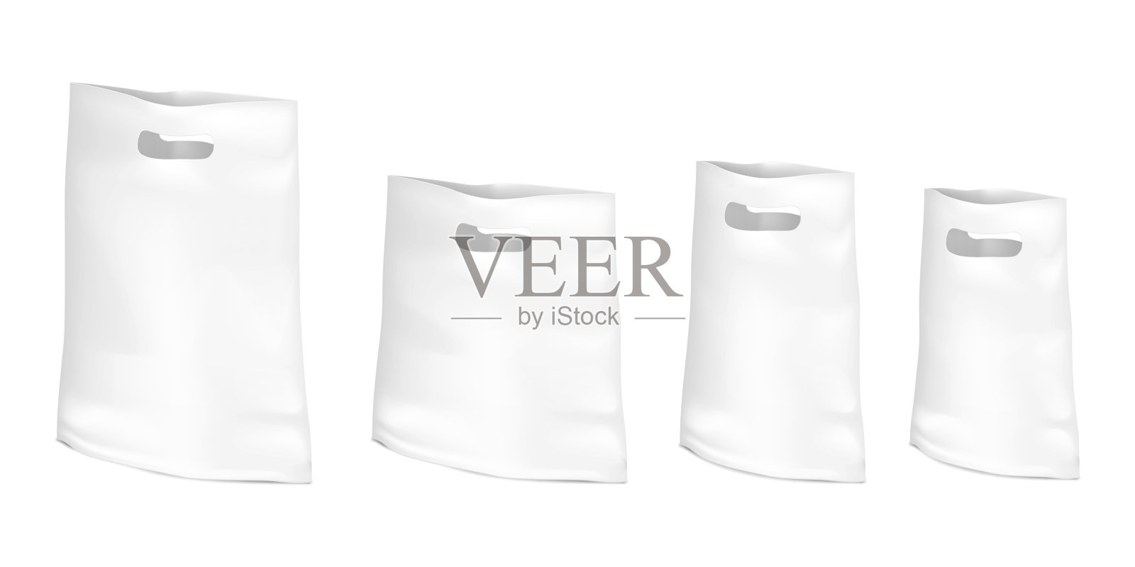 白色聚乙烯袋与切割处理孤立的白色背景。现实的矢量模型集。模切手柄塑料袋模板。空白塑料包装模型插画图片素材
