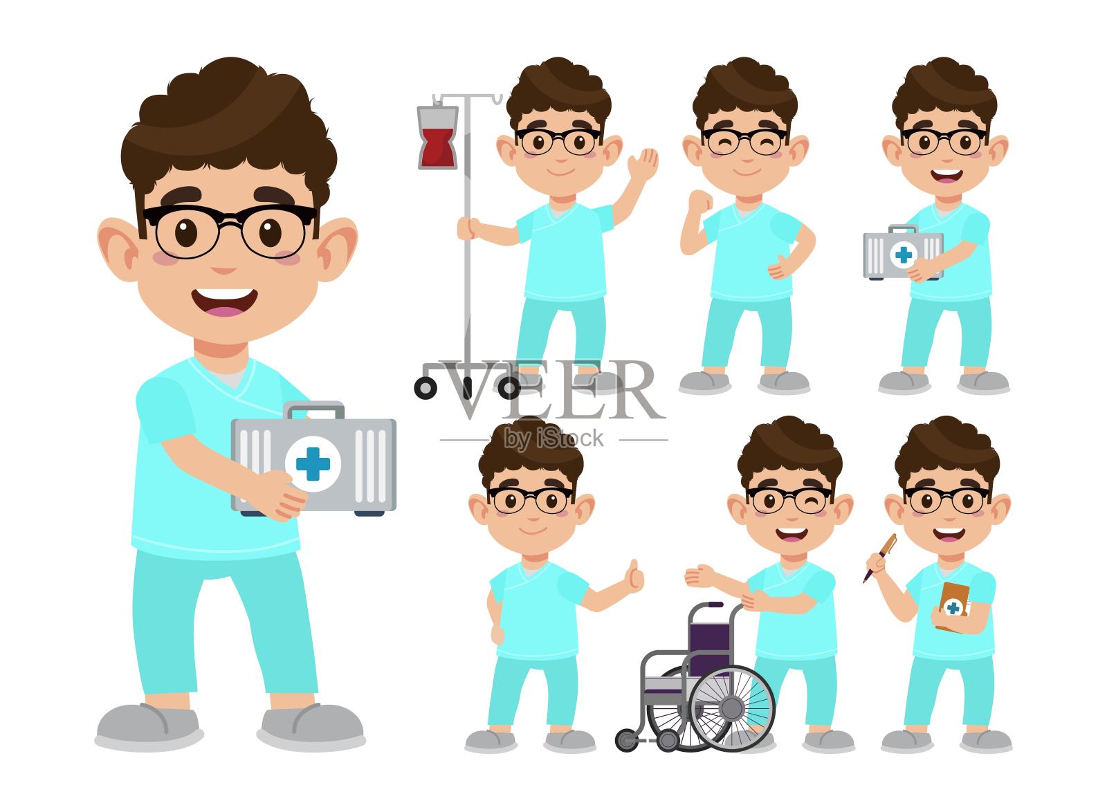 一组穿着护士制服的快乐的人，用不同的表演插画图片素材