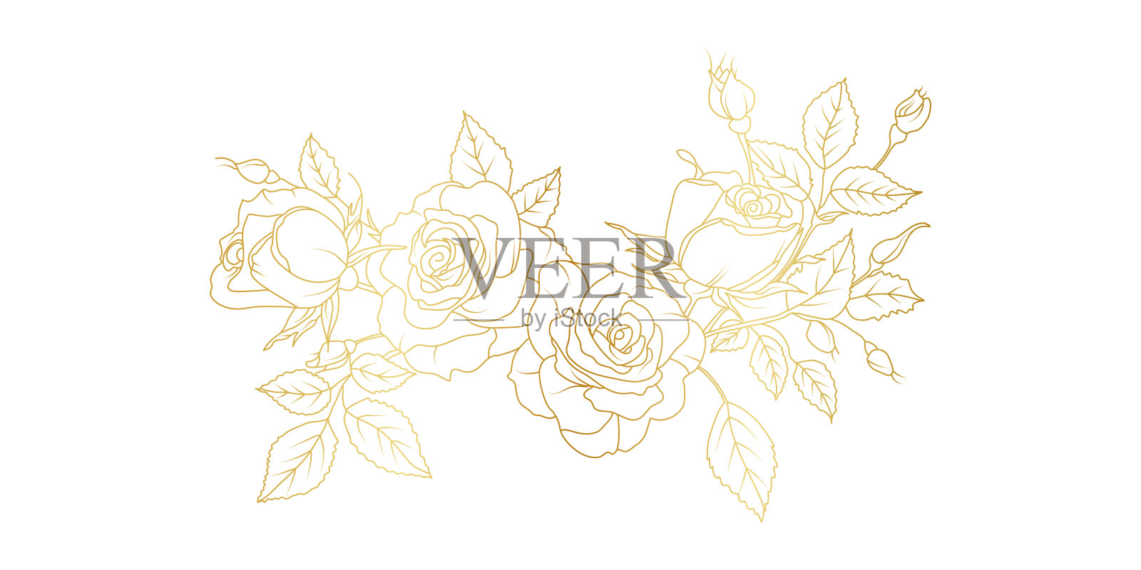 金玫瑰花线艺术孤立在白色的背景。豪华玫瑰花卉设计元素的邀请，婚礼，壁纸，打印模板，矢量插图插画图片素材