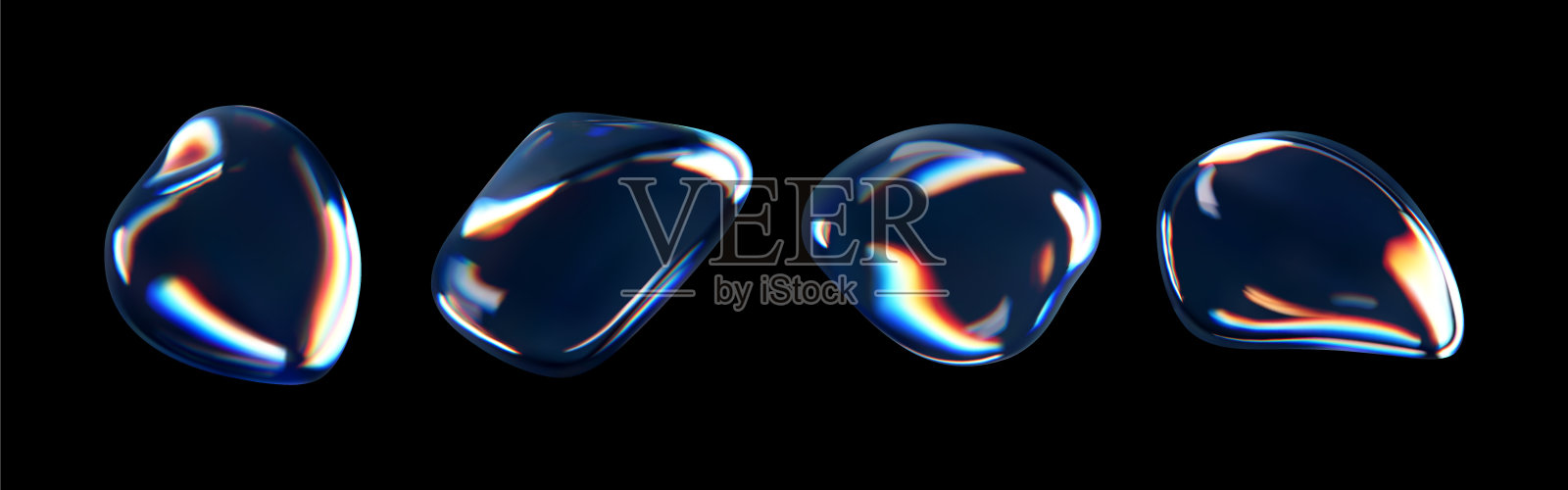 三维玻璃液体抽象，流体形状与全息效果隔离在黑色背景。透明玻璃圆形液体物体渲染，肥皂水气泡与反射。三维矢量图插画图片素材