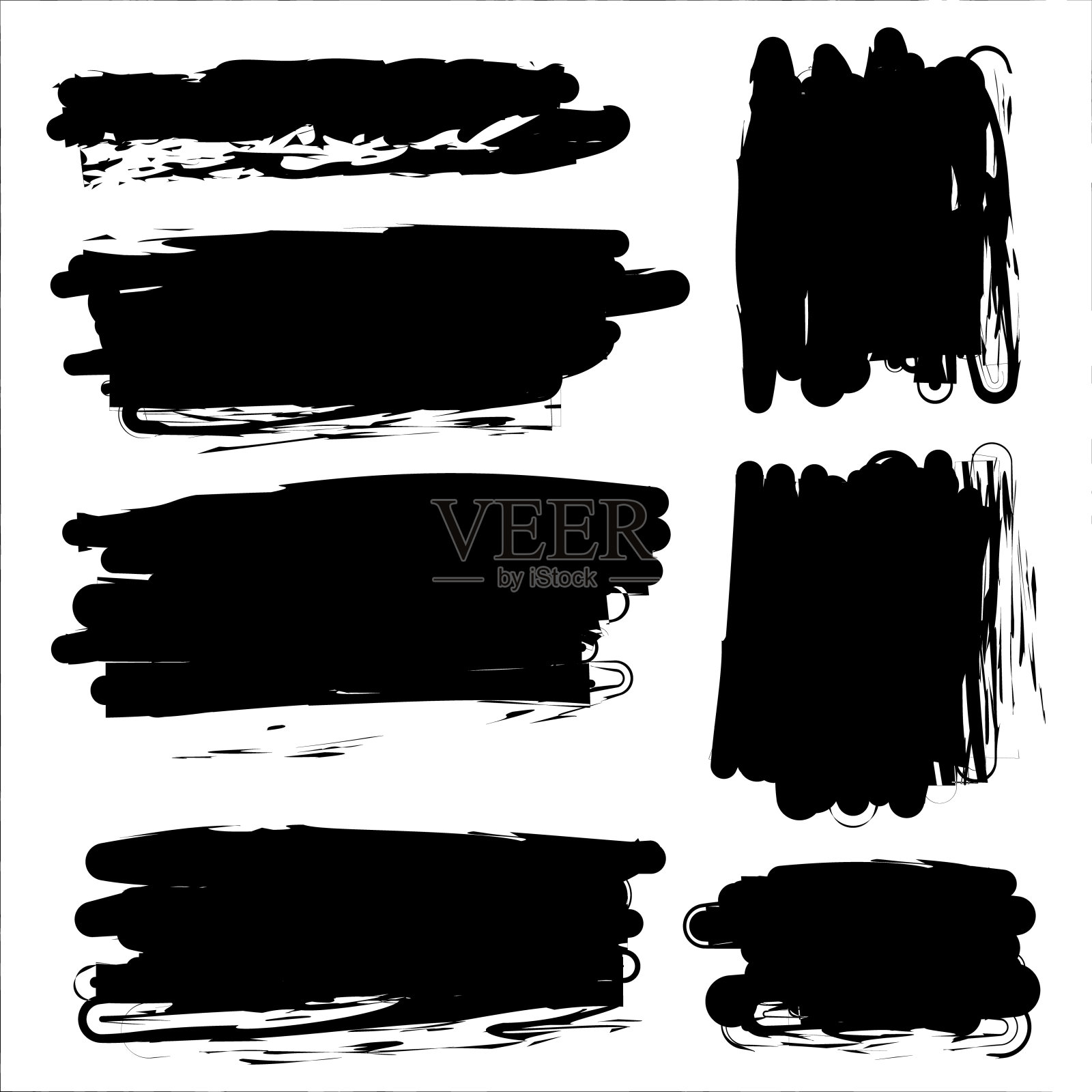 黑色油漆背景和飞溅物，黑色钢笔标记形状，油漆刷笔触，各种宽度笔触，垃圾黑色油漆标记笔触矢量插画图片素材
