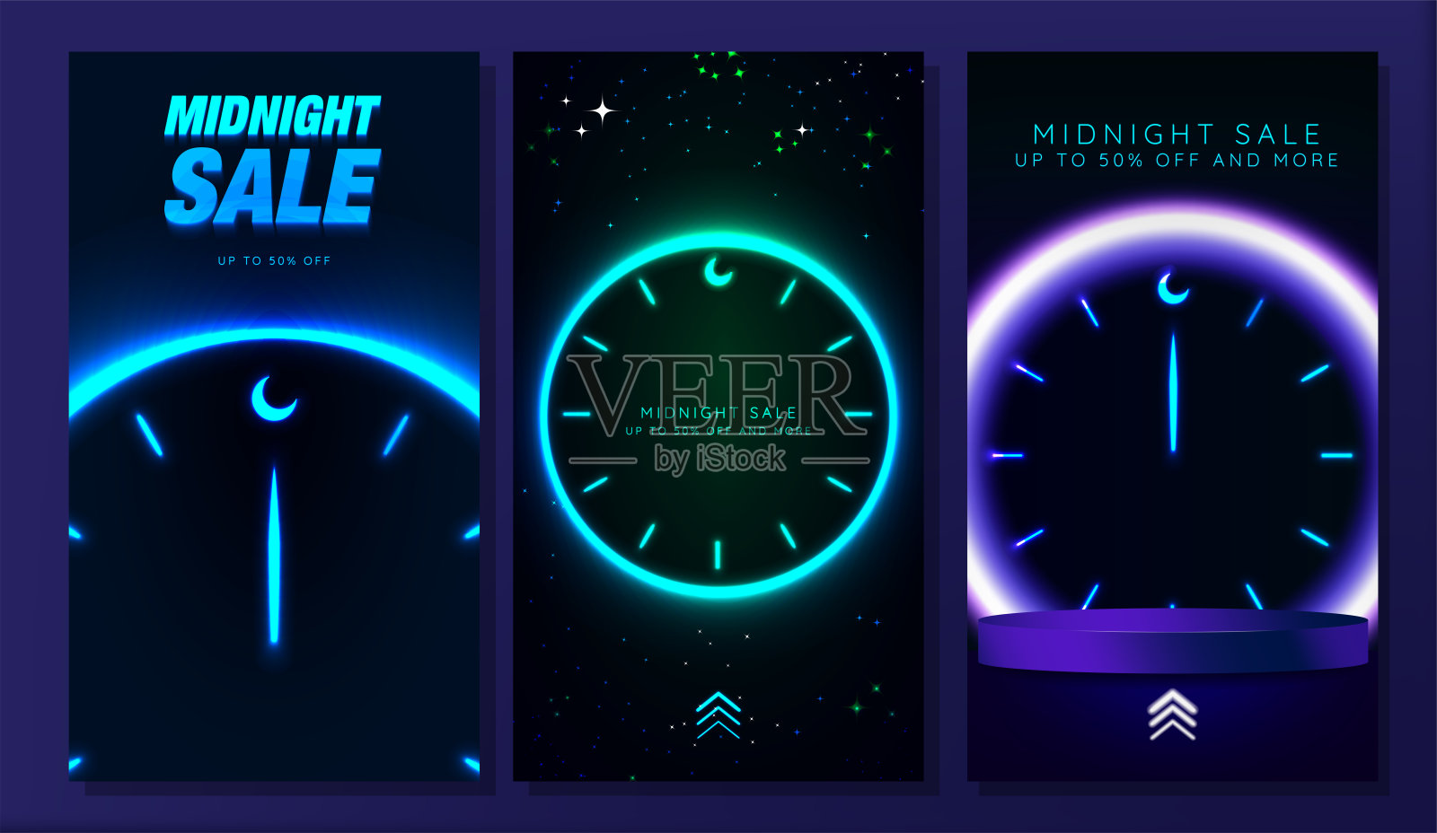 一套午夜特卖海报。午夜销售折扣社交媒体故事模板。插画图片素材