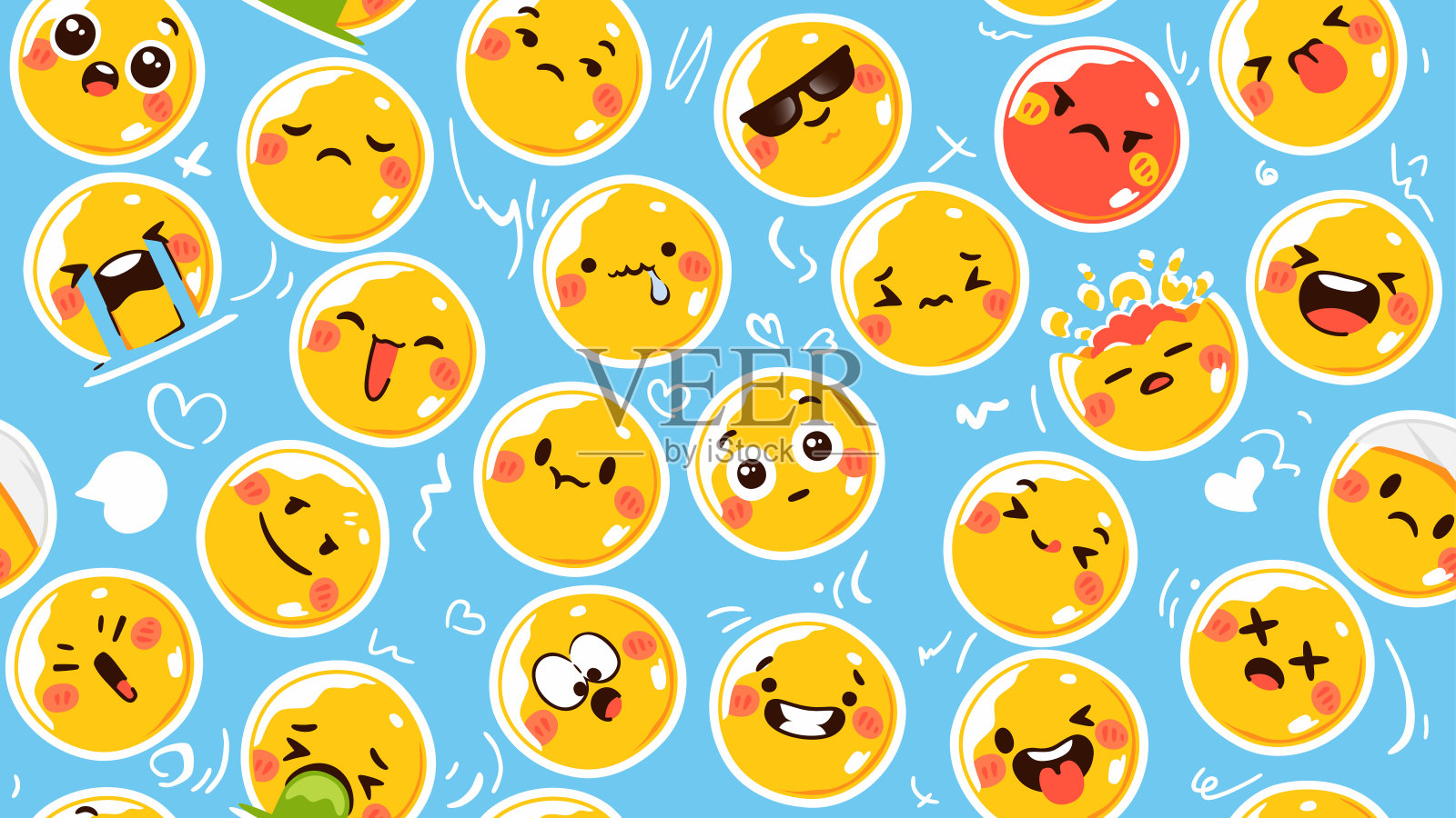 无缝图案与黄色表情符号。Emoji集。矢量插图eps10。有趣的面部表情，聊天软件的UI界面聊天图标。社交媒体。卡通的微笑。平的风格。插画图片素材