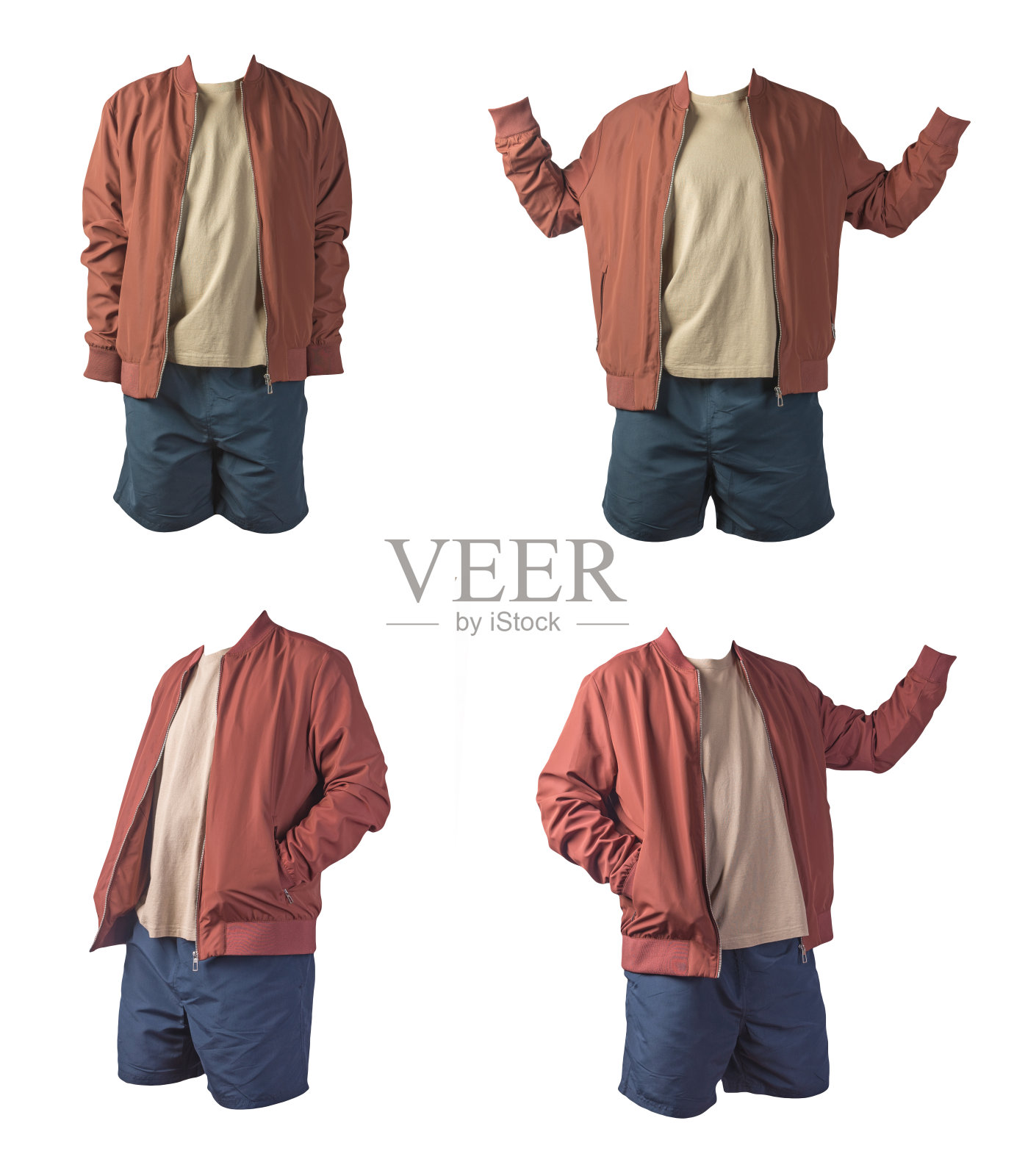 男子短夹克，t恤和运动短裤孤立在白色背景。照片摄影图片