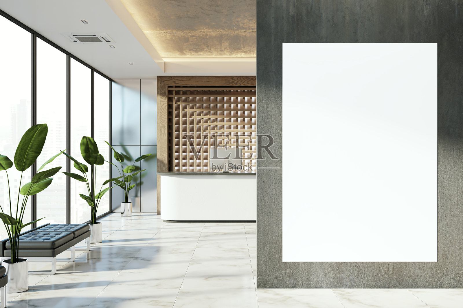 现代酒店大堂内部以垂直的空白海报贴在深色的墙壁上，大理石地板，以及大窗户，构成广告空间的概念。三维渲染照片摄影图片