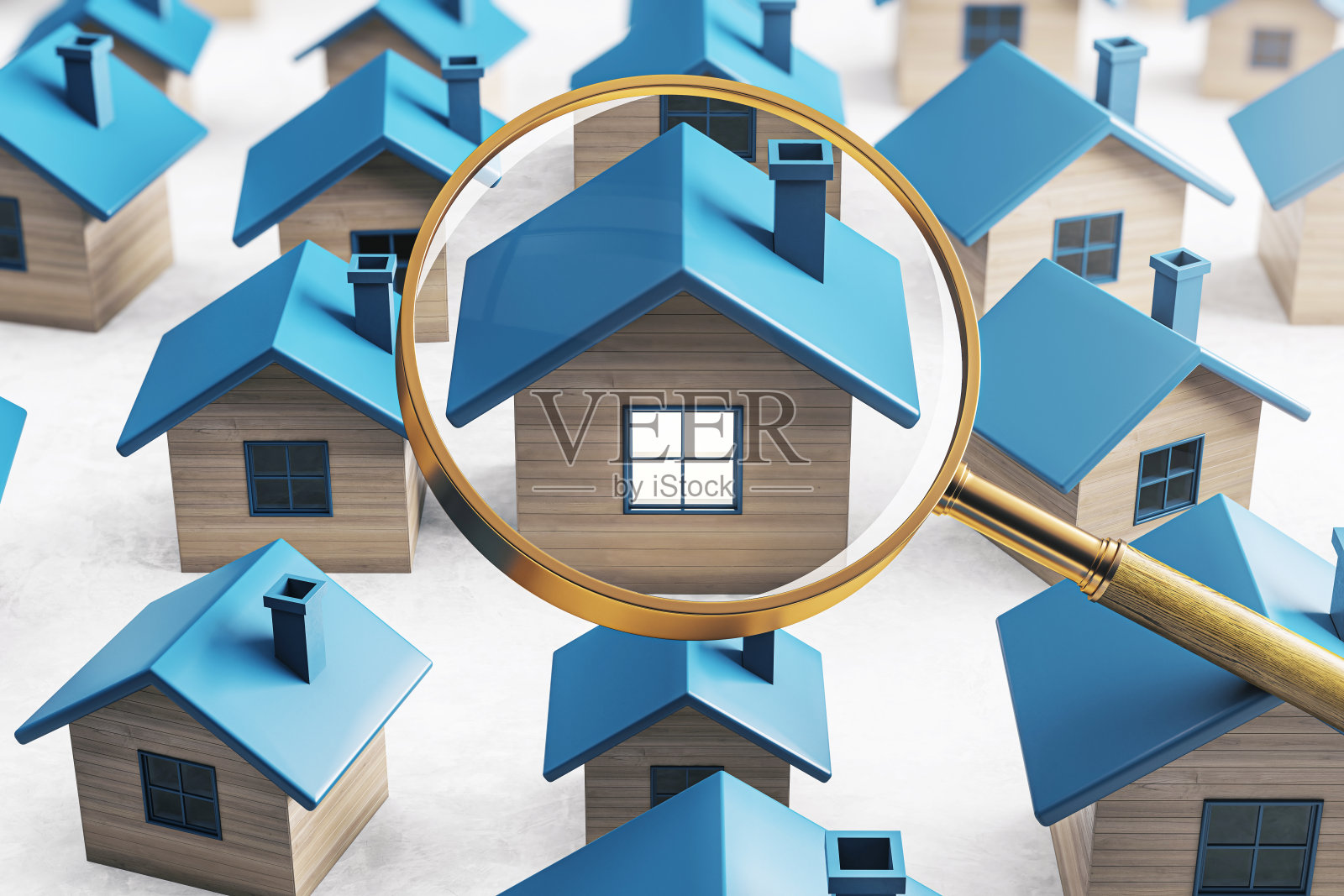 蓝色屋顶和放大镜聚焦的微型房屋，说明房地产概念，浅色背景。三维渲染照片摄影图片