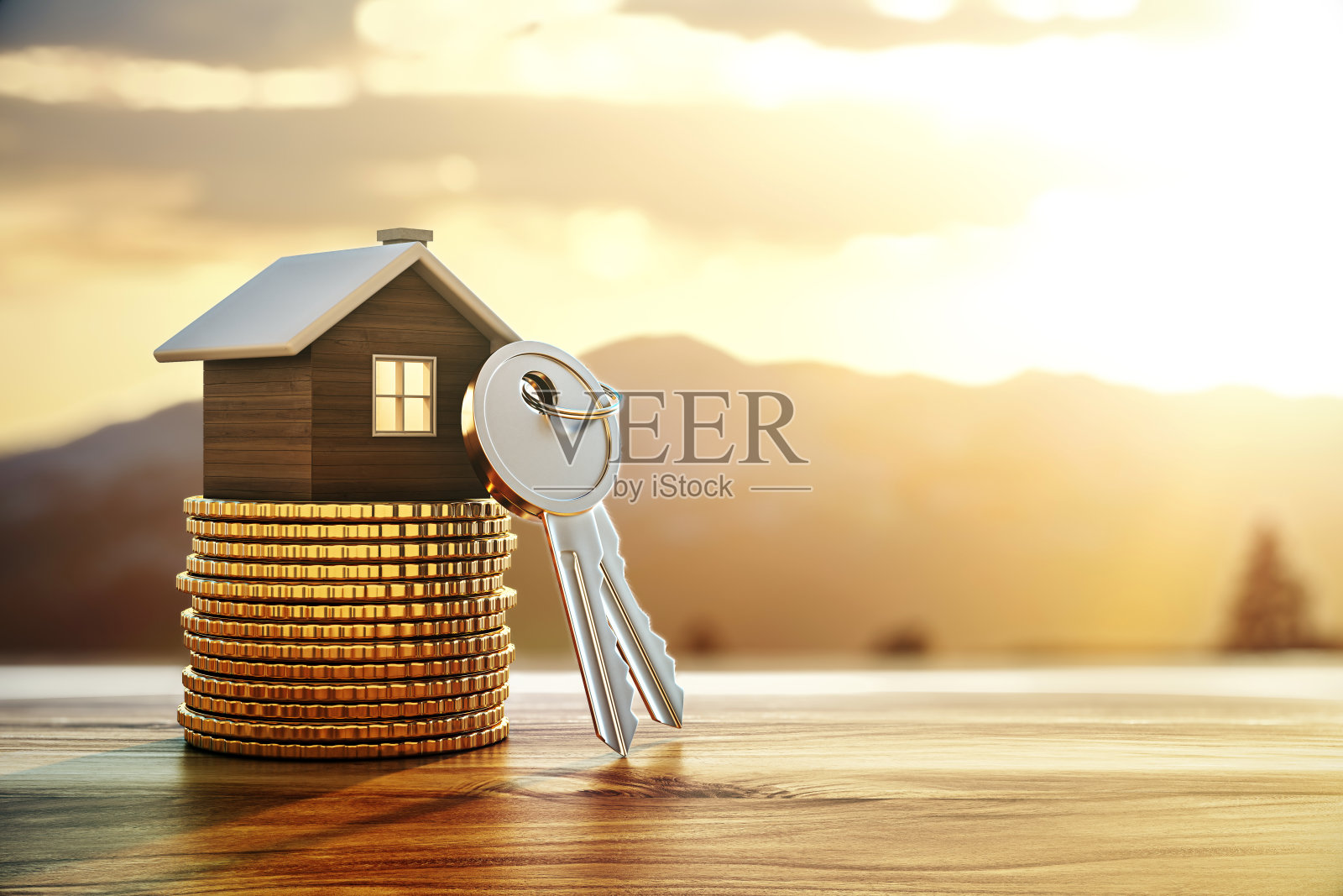 迷你木屋放在硬币上，旁边有一把钥匙，代表房地产投资，背景是日出。三维渲染照片摄影图片