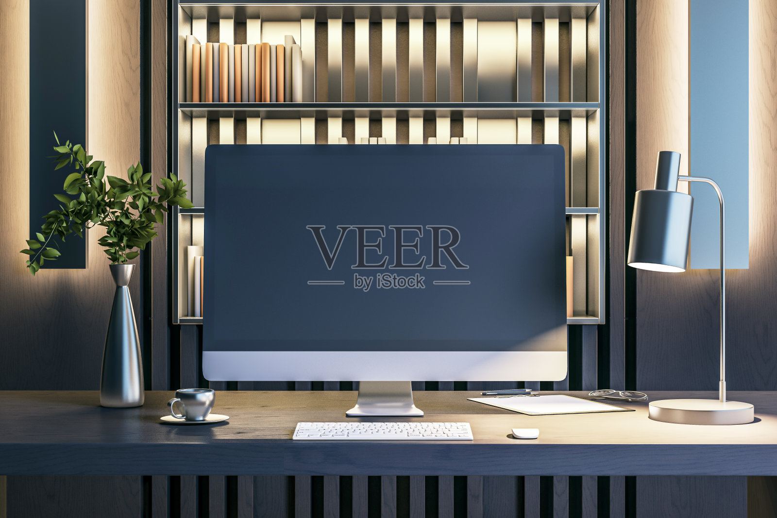 一个现代的工作空间，桌子上有空白的电脑屏幕，书架背景，灯，植物和杯子，设计模型的概念。三维渲染照片摄影图片
