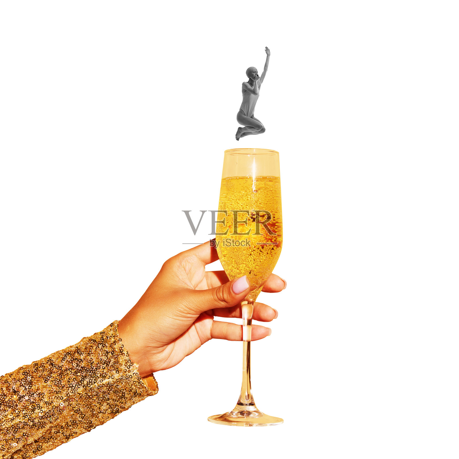 单色的年轻女子穿着泳装潜入长笛与香槟在白色背景，庆祝。当代艺术拼贴。照片摄影图片