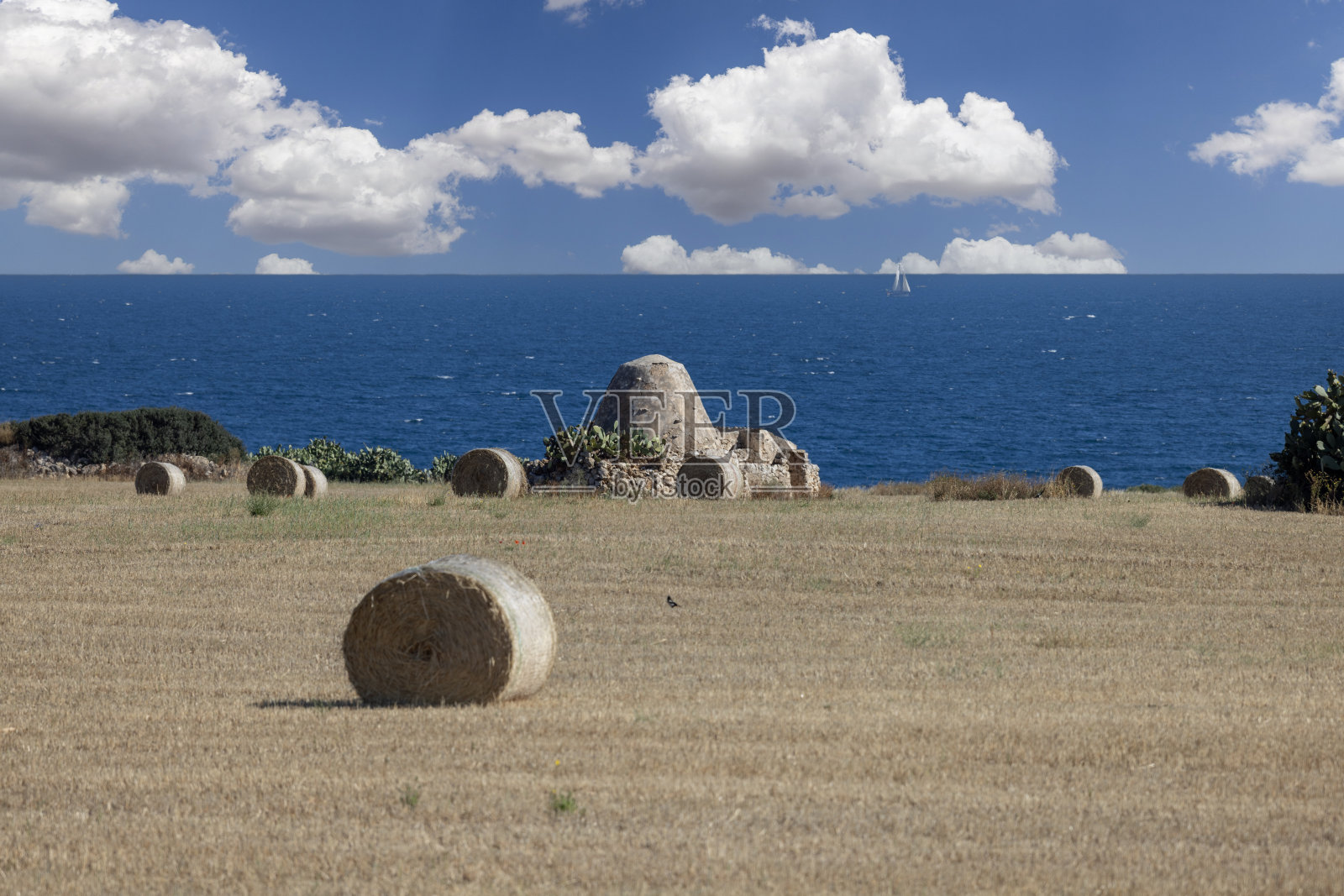在意大利普利亚的亚得里亚海沿岸，收获后的农场田野、大稻草捆和古老的特鲁洛小屋的风景如画照片摄影图片