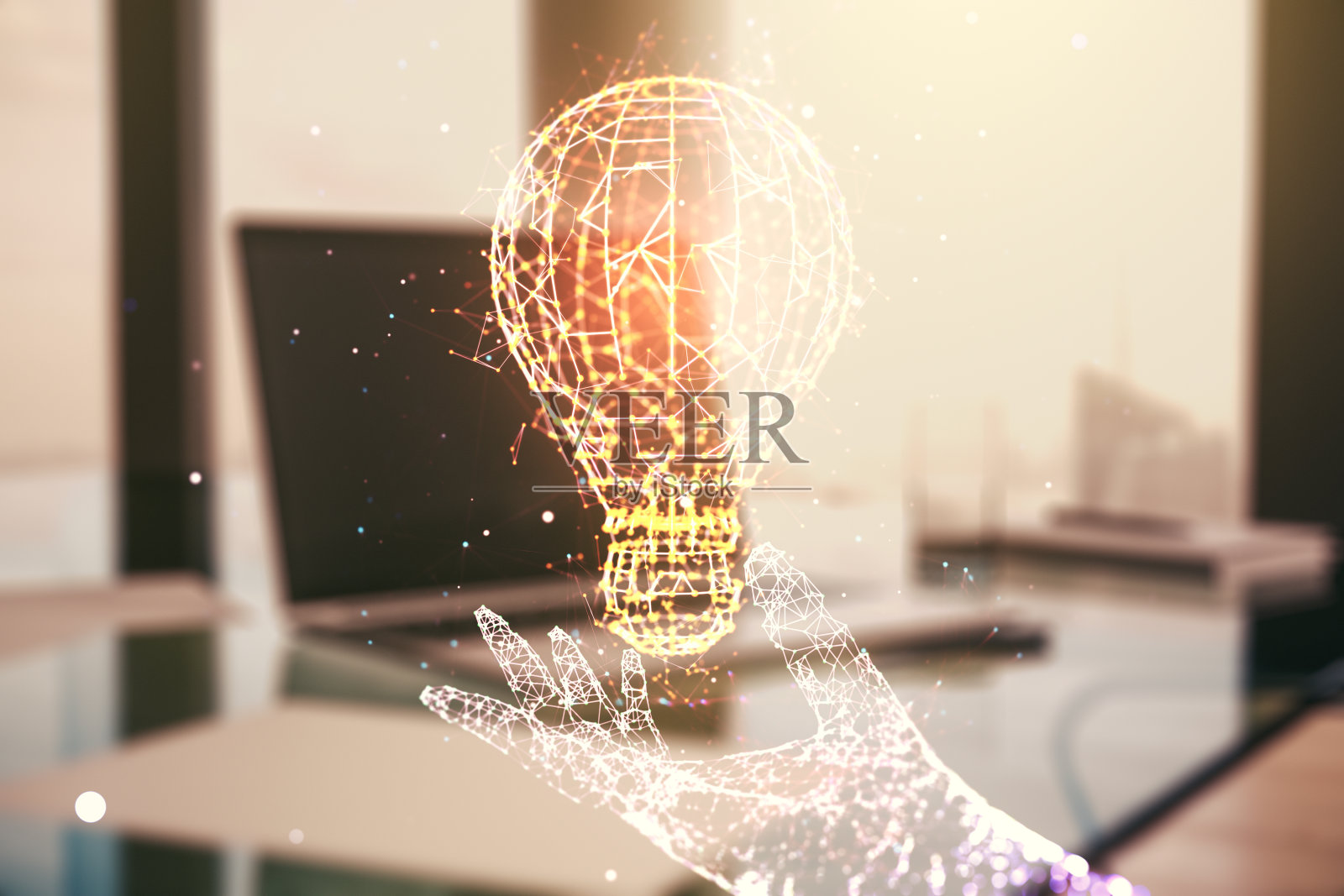 现代电脑背景下的创意灯泡插画，未来的科技理念。Multiexposure照片摄影图片