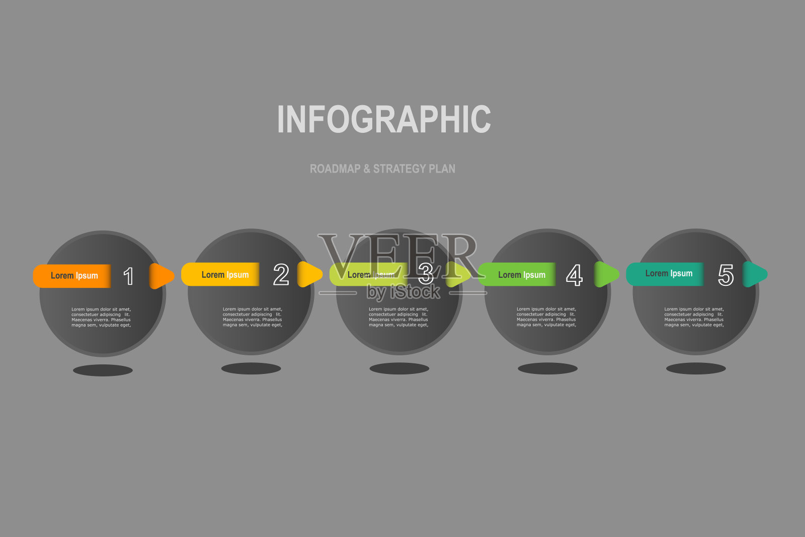 信息图表元素模板，业务概念与5步，灰色圆圈形状设计的工作流程布局，图表，年度报告，网页设计。创意横幅，标签矢量插画图片素材