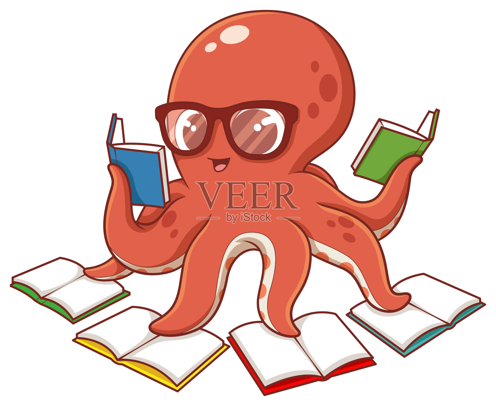 章鱼读书卡通插画书插画图片素材