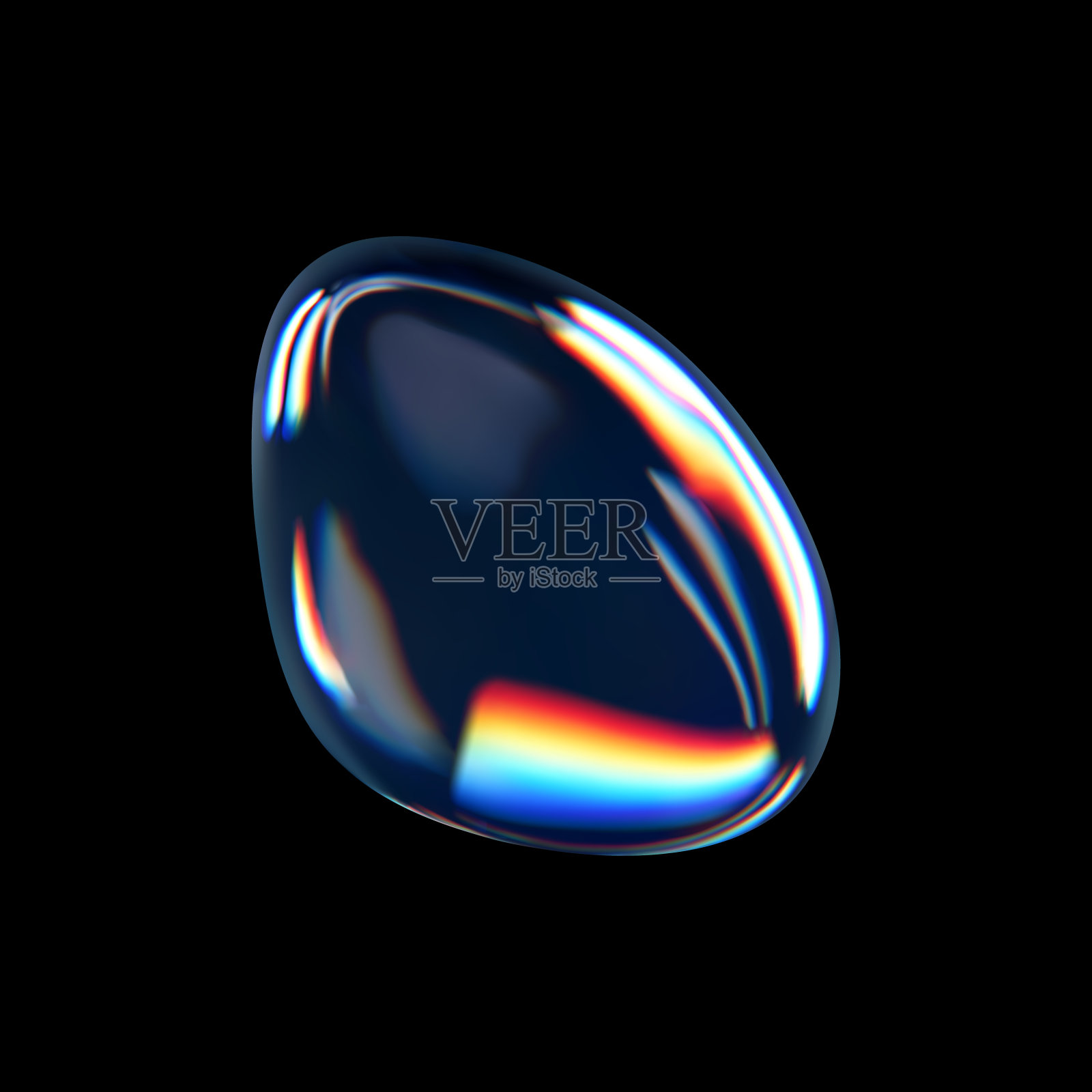 三维玻璃液体抽象，流体形状与全息效果隔离在黑色背景。透明玻璃圆形液体物体渲染，肥皂水气泡与反射。三维矢量图插画图片素材