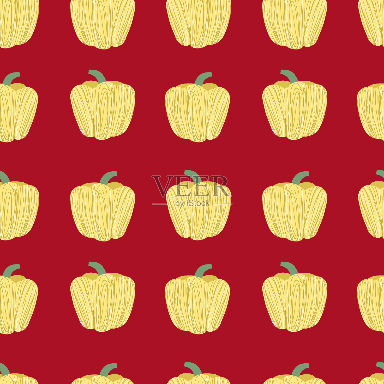 甜椒黄色无缝花纹。红色背景上的胡椒。矢量插图织物，包装，封面，纸插画图片素材