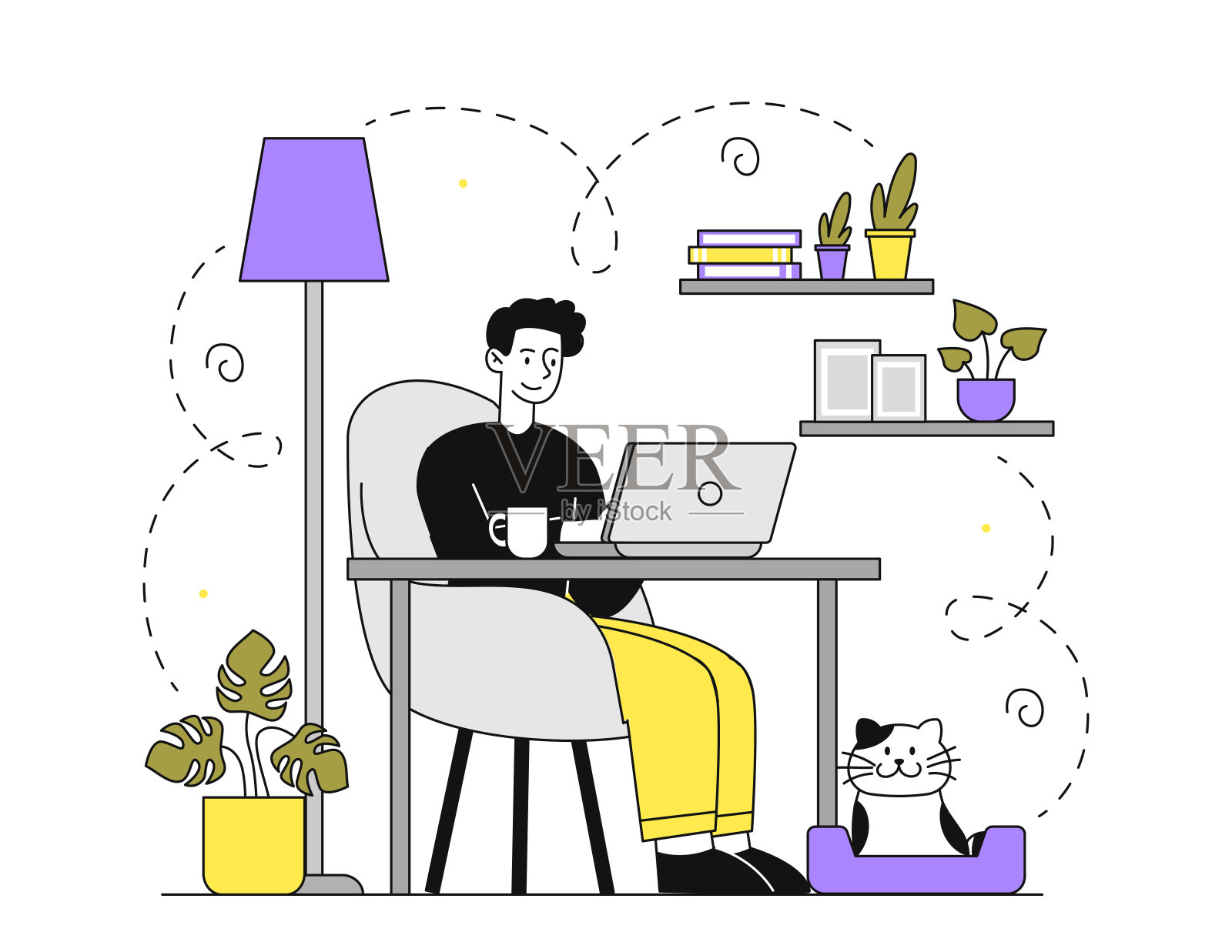 男人在家工作。自由职业者和远程工作者坐在笔记本电脑前。开发人员和程序员。互联网收入。在线员工。线性平面矢量图插画图片素材