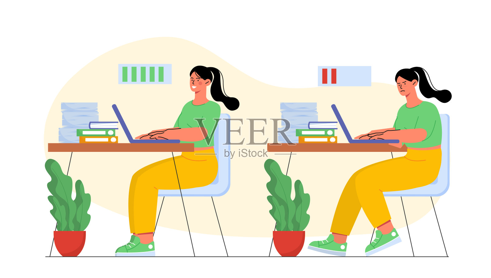 工作中的疲劳：低能量和高能量水平的女性插画插画图片素材