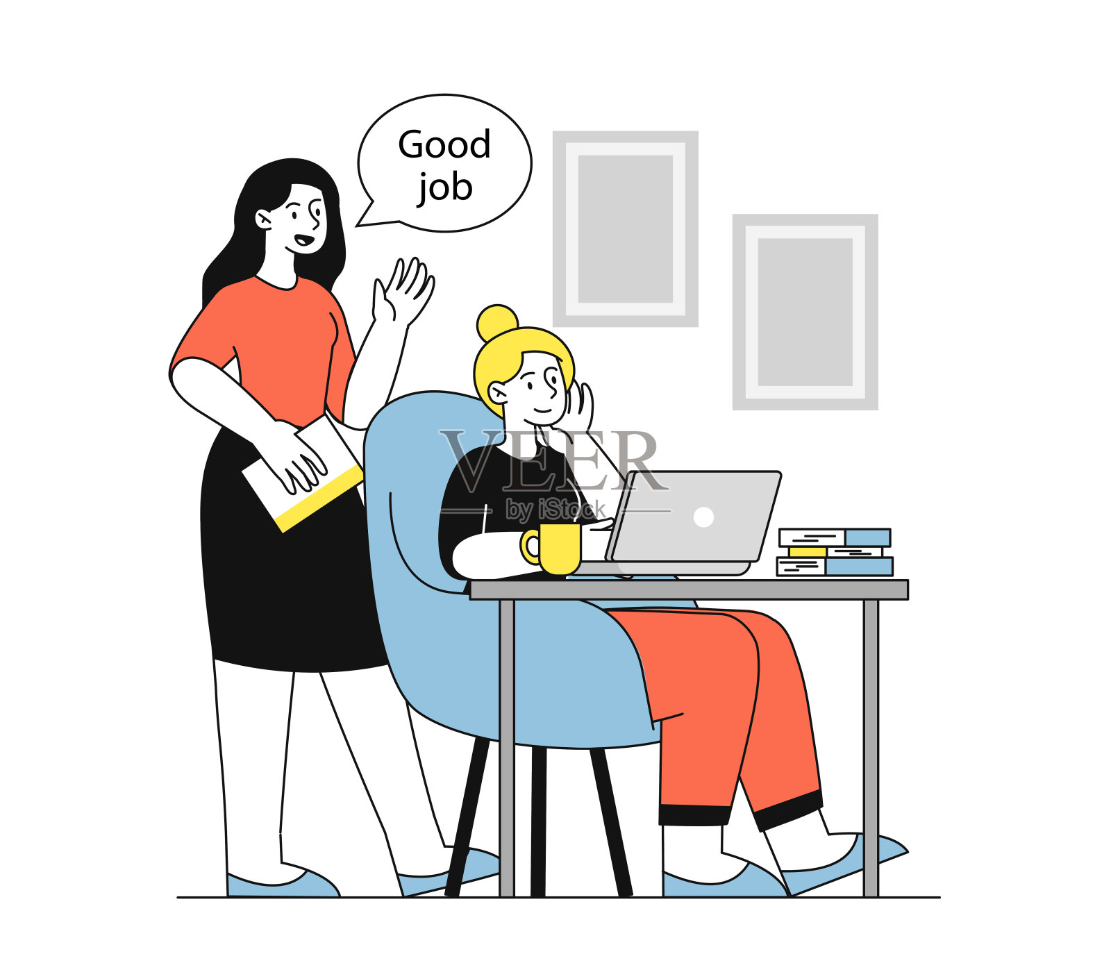 良好的工作表扬概念。老板表扬下属。良好的办公氛围，组织高效的工作流程。在职场的女商人和雇员。线性平面矢量图插画图片素材