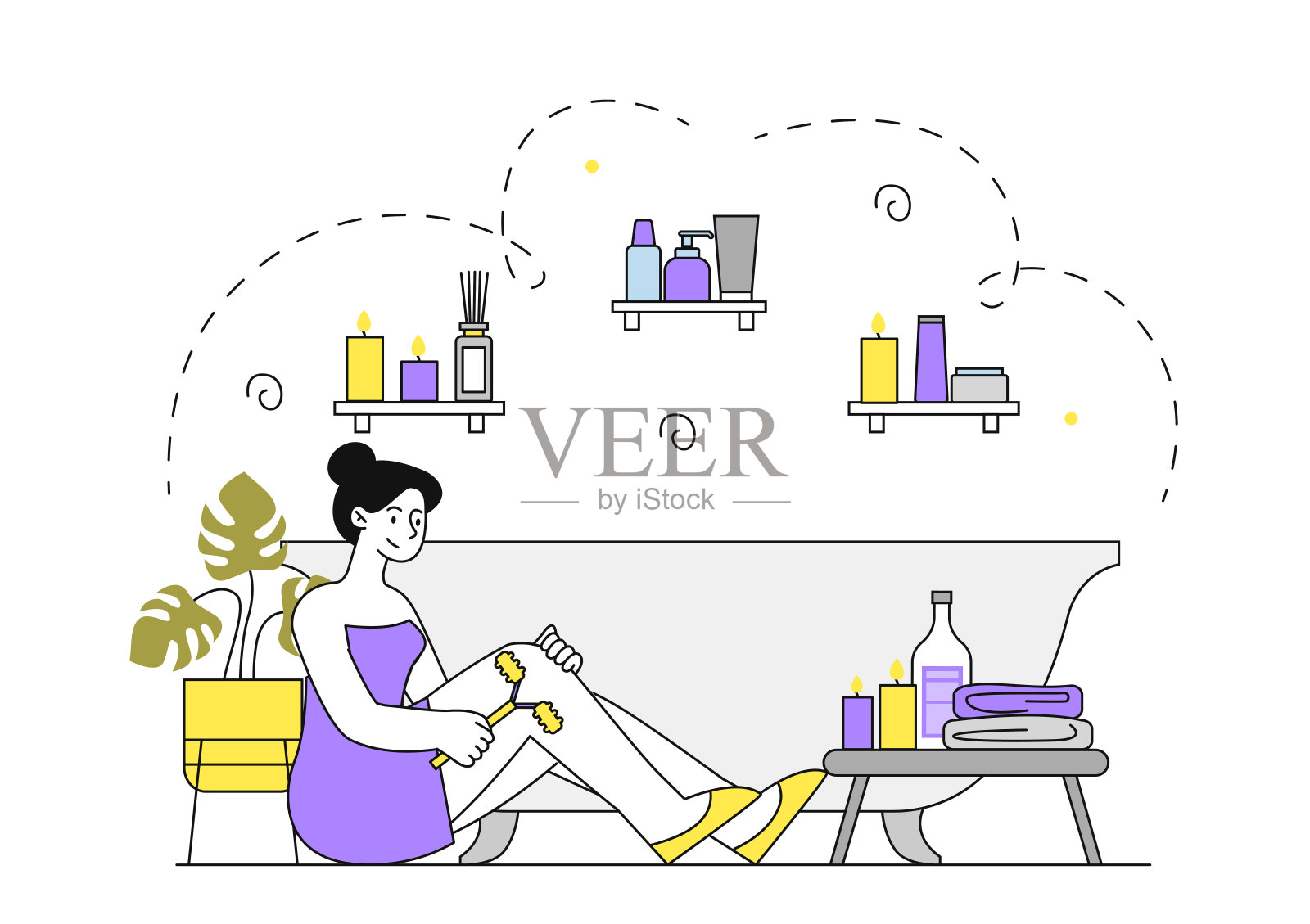 自我按摩的女人。小女孩用按摩辊按摩她的腿。美容手术和去除脂肪团。放松和健康。线性平面矢量图插画图片素材