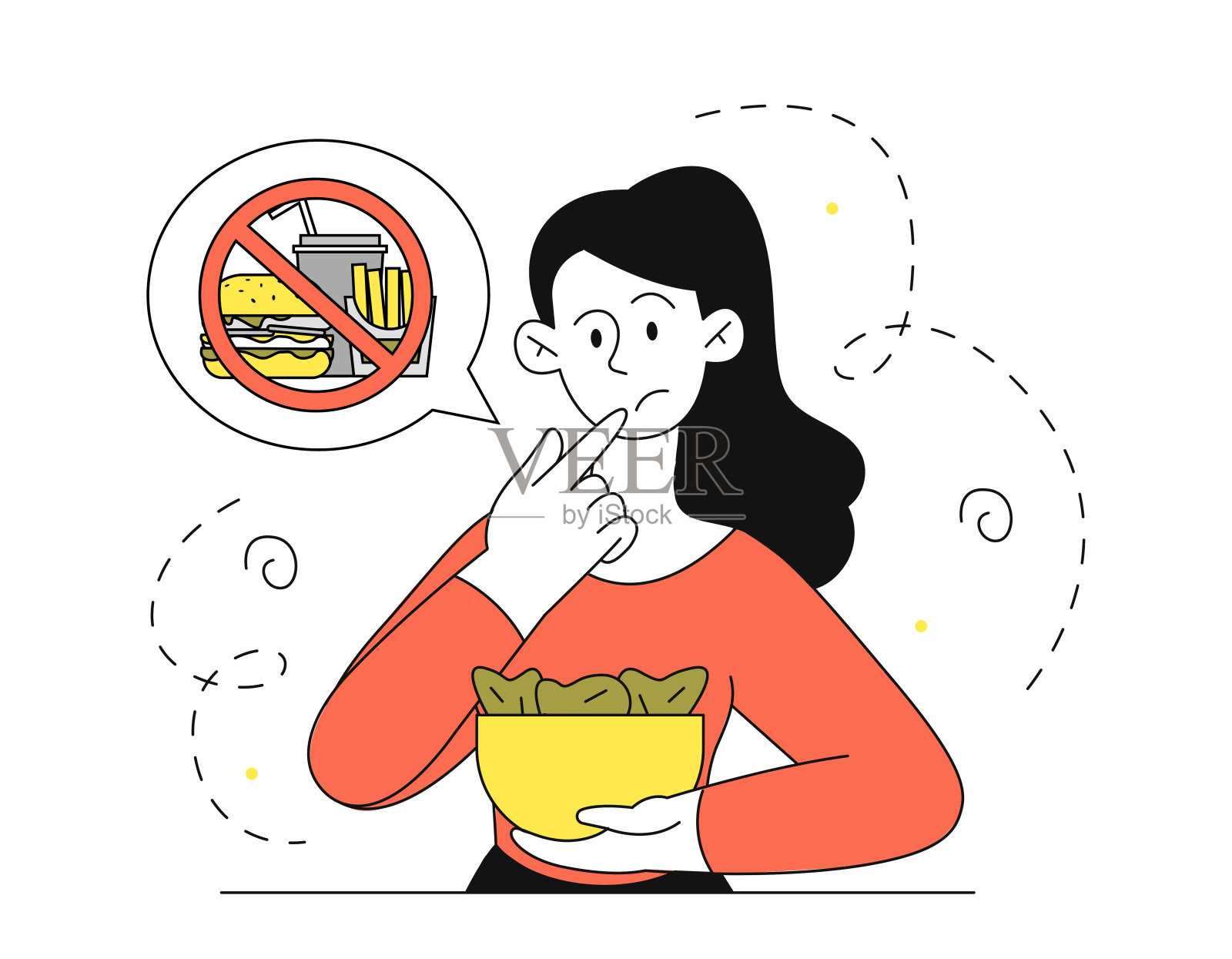 吃健康食物的女人。年轻女孩拿着黄色盘子和沙拉。素食和适当的营养。美味的维生素菜。线性平面矢量图插画图片素材