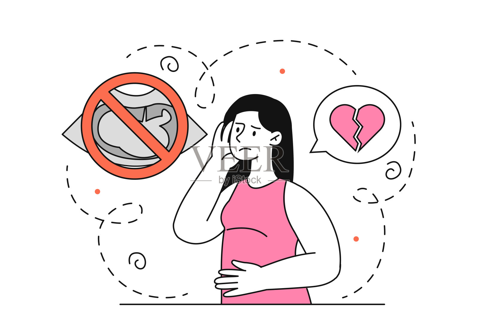 考虑堕胎的女人。怀孕的年轻女孩想要摆脱孩子。胚。无计划的婴儿。不必要的母亲。线性平面矢量图插画图片素材