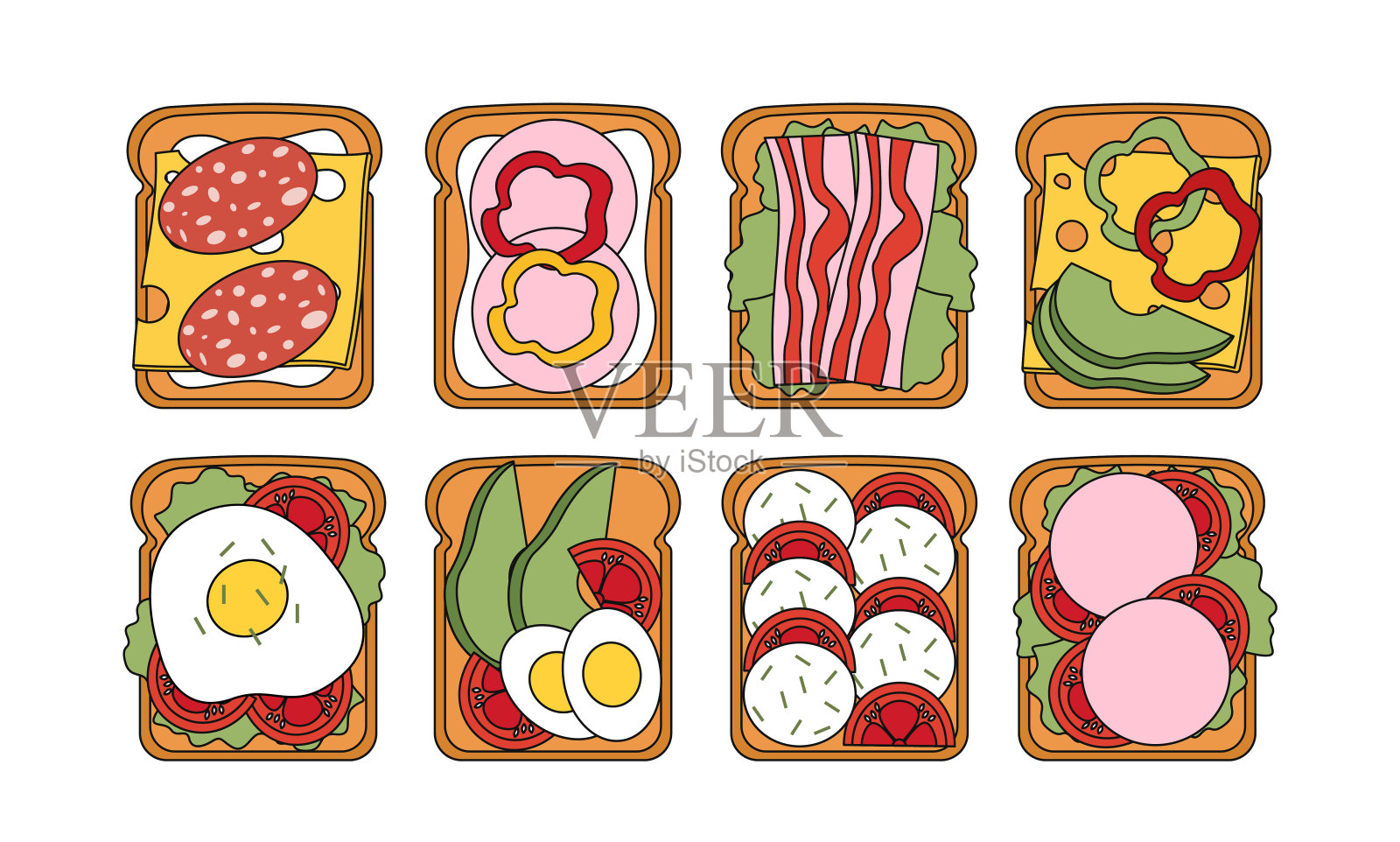 一套三明治。炸面包配蔬菜和鸡蛋。健康的早餐。健康饮食，适当饮食，营养。线性平面向量集合插画图片素材