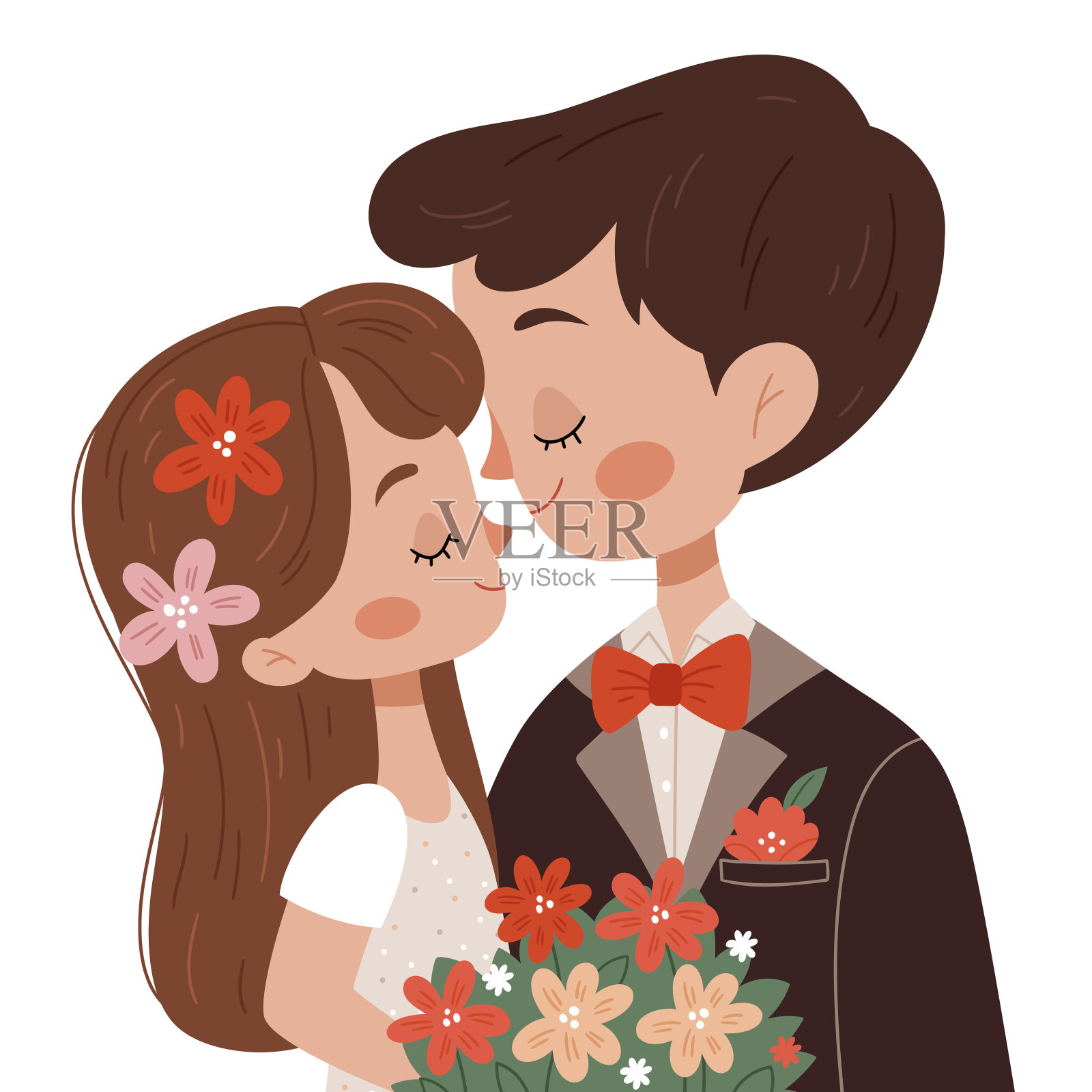 婚礼的邀请。漂亮的结婚卡片，新娘和新郎，精致的鲜花。矢量插图。插画图片素材